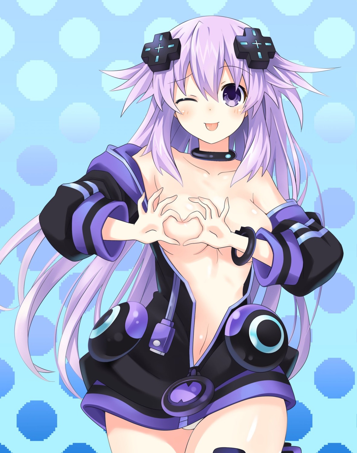 areola breast_hold breasts choujigen_game_neptune neptune no_bra open_shirt pantsu zero_(ray_0805)