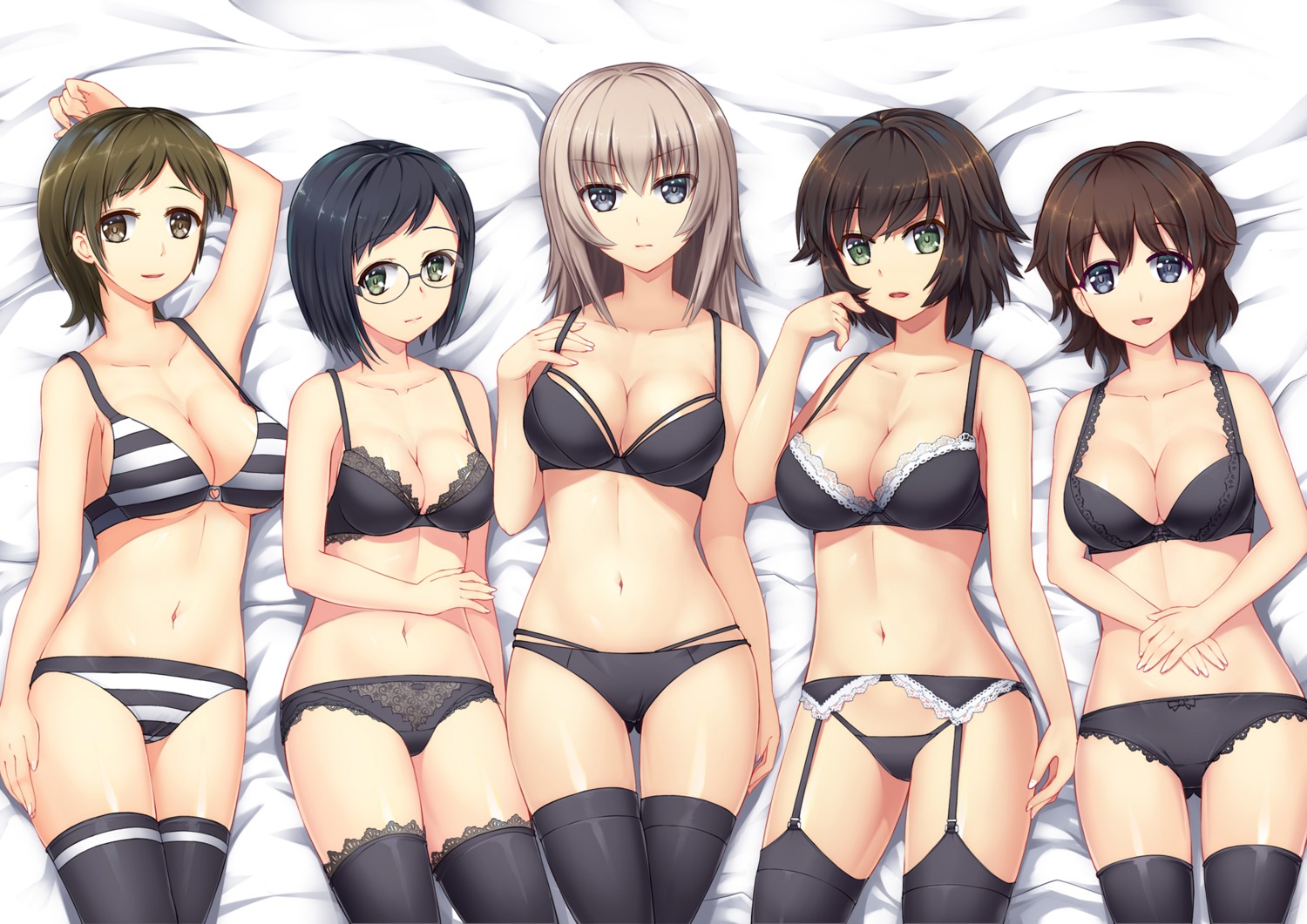 akaboshi_koume bra cleavage garter_belt girls_und_panzer itsumi_erika mauko megane pantsu ritaiko sangou_(girls_und_panzer) srwsrx_(gp03dsrx) stockings thighhighs underboob undressing