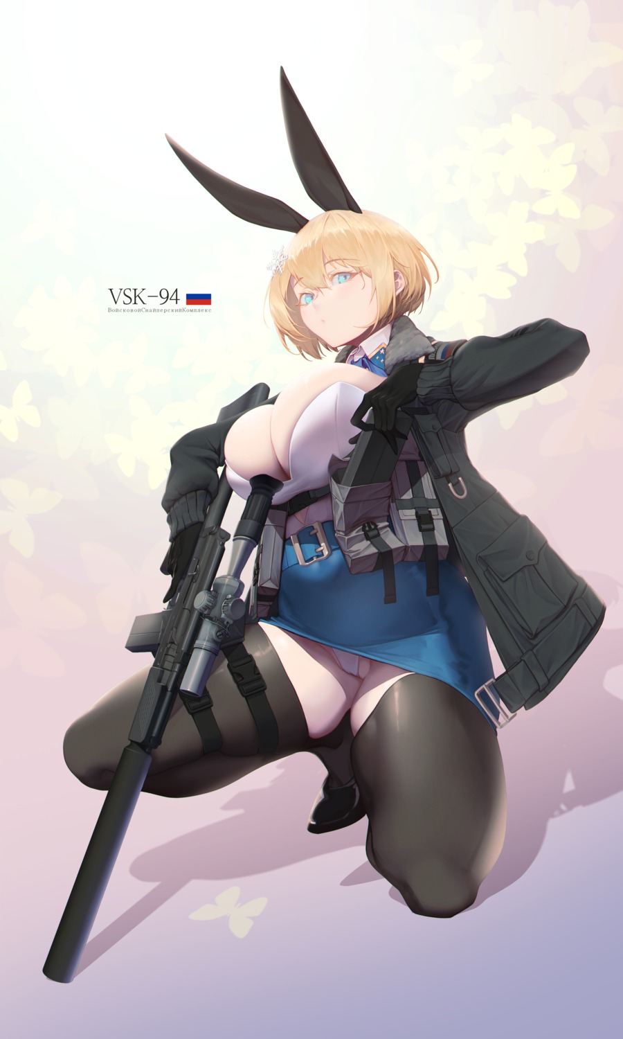 animal_ears aronman bunny_ears bunny_girl cameltoe garter girls_frontline gun no_bra skirt_lift thighhighs uniform vsk-94_(girls_frontline)