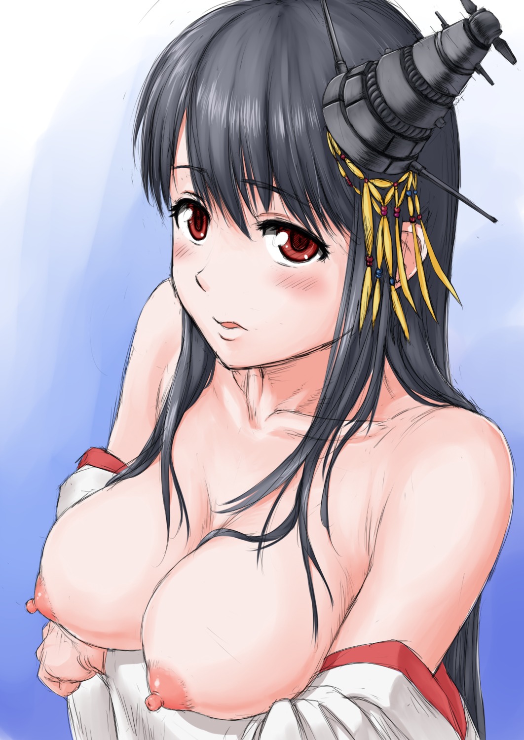 breast_hold breasts fusou_(kancolle) kantai_collection nipples no_bra open_shirt usfdive