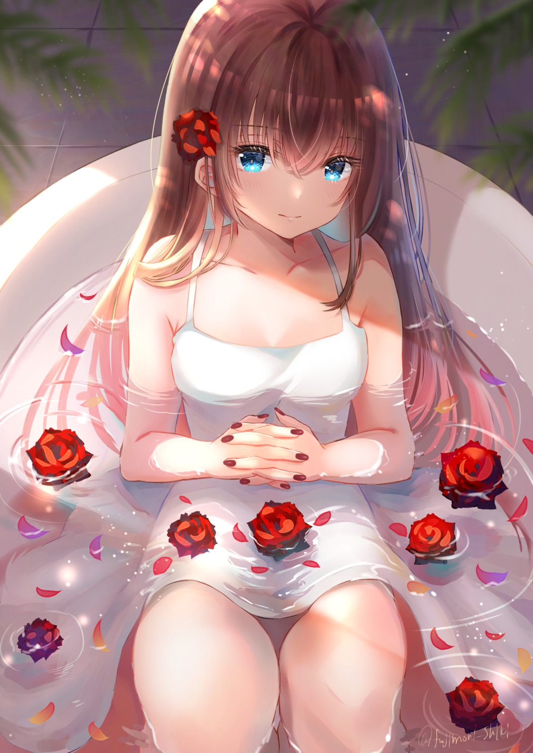 bathing cleavage dress fujimori_shiki skirt_lift summer_dress wet