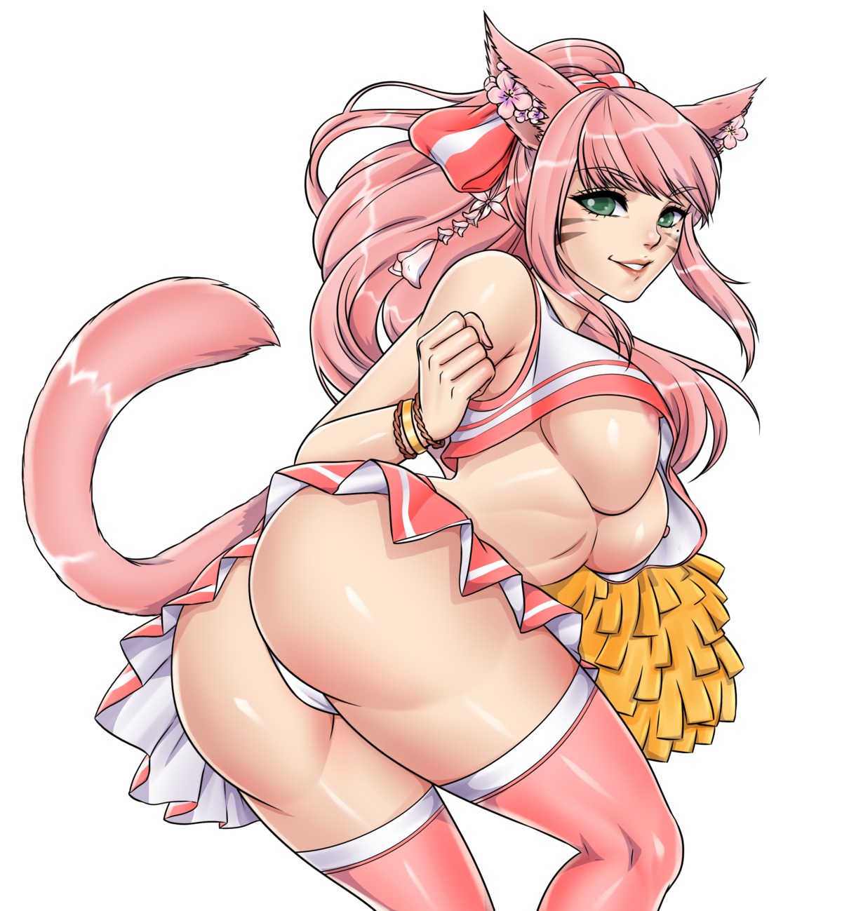 animal_ears ass cheerleader final_fantasy miqo'te nekomimi nipple_slip nipples no_bra pantsu shirt_lift skirt_lift tail thighhighs thong zoharaiv