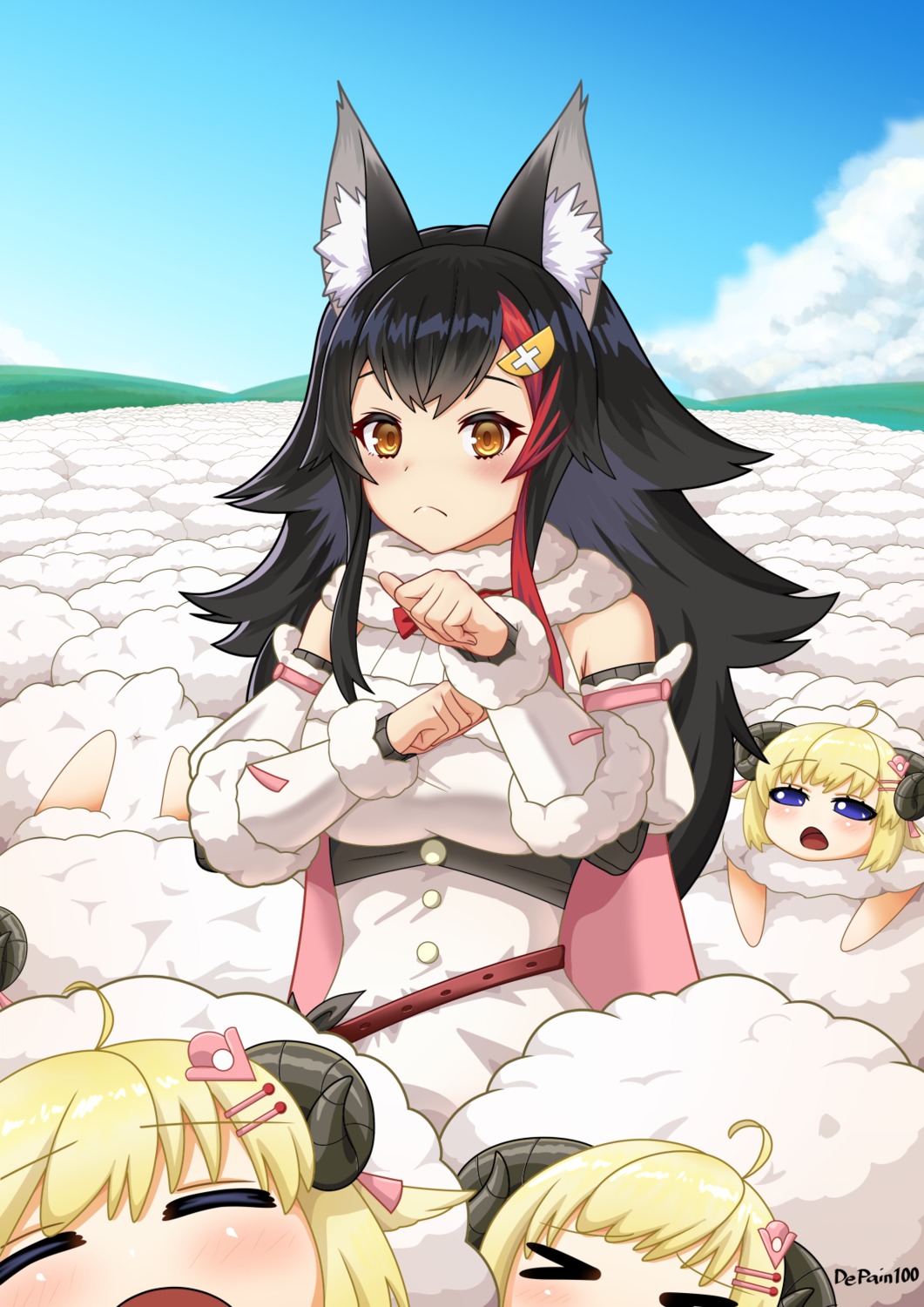 animal_ears chibi hololive hololive_gamers horns nia_depain ookami_mio tsunomaki_watame