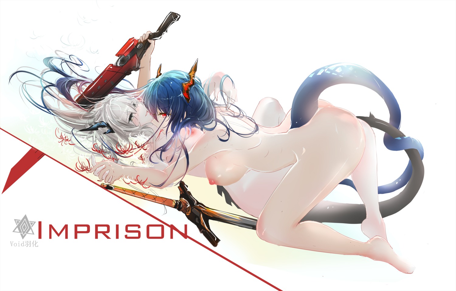 arknights ass blood ch'en_(arknights) horns naked nipples sword tagme tail talulah_(arknights) yuri