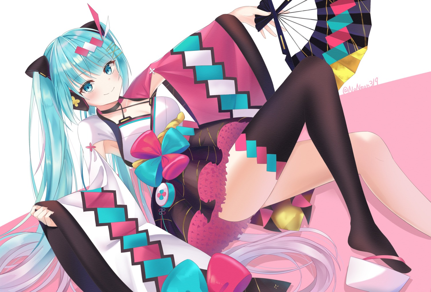 cleavage hatsune_miku japanese_clothes magical_mirai noneon319 skirt_lift thighhighs vocaloid