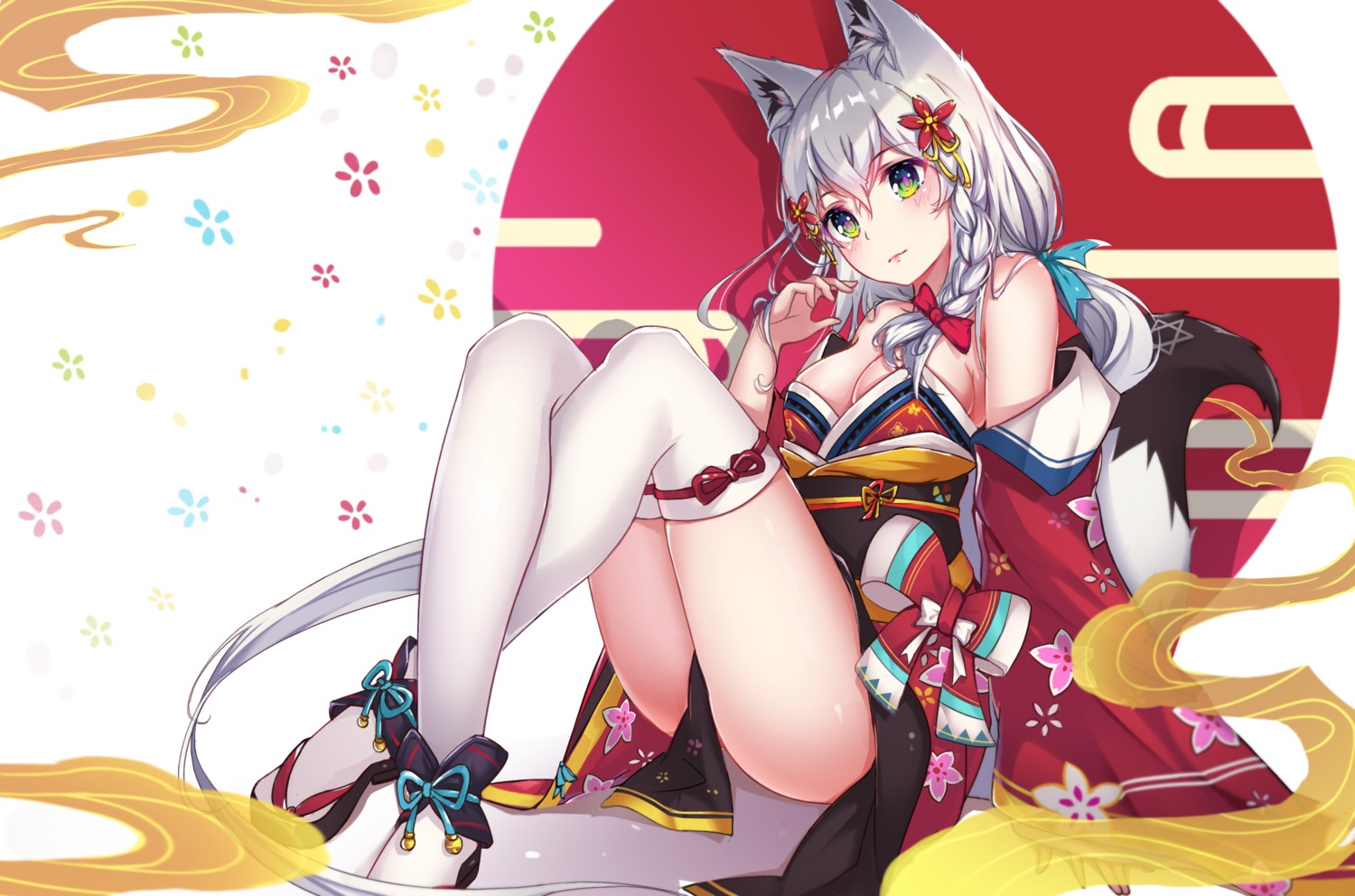 animal_ears aoman_de_cangshu hololive hololive_gamers japanese_clothes kitsune no_bra shirakami_fubuki skirt_lift tail thighhighs