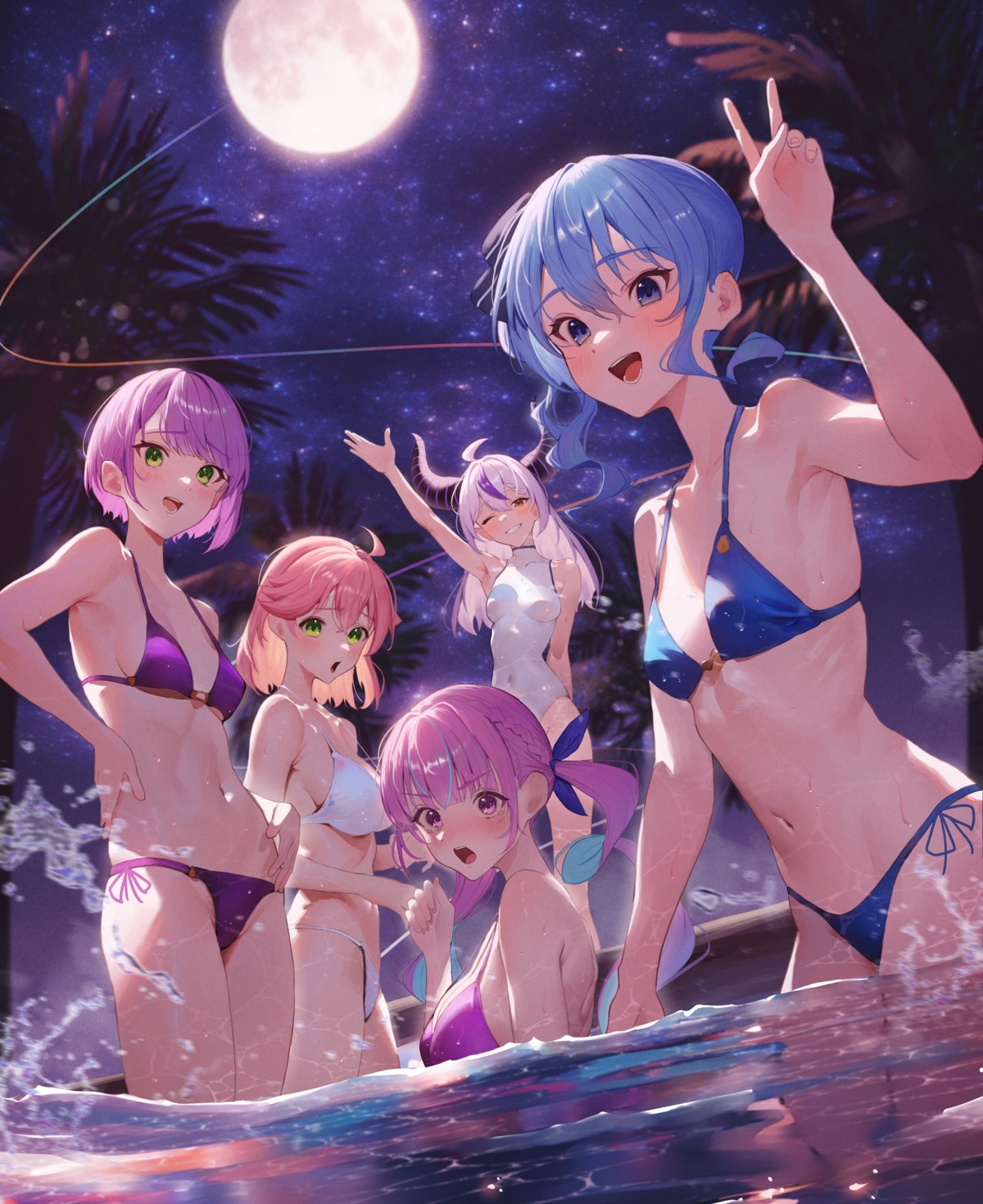 bathing bikini hololive horns hoshimachi_suisei la+_darknesss minato_aqua pointy_ears sakura_miko senriyama swimsuits thong tokoyami_towa wet