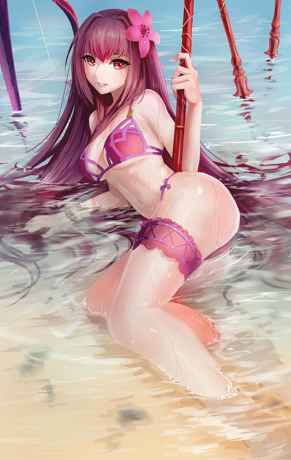 bikini fate/grand_order garter haohe_buguo scathach_(fate/grand_order) swimsuits underboob weapon wet