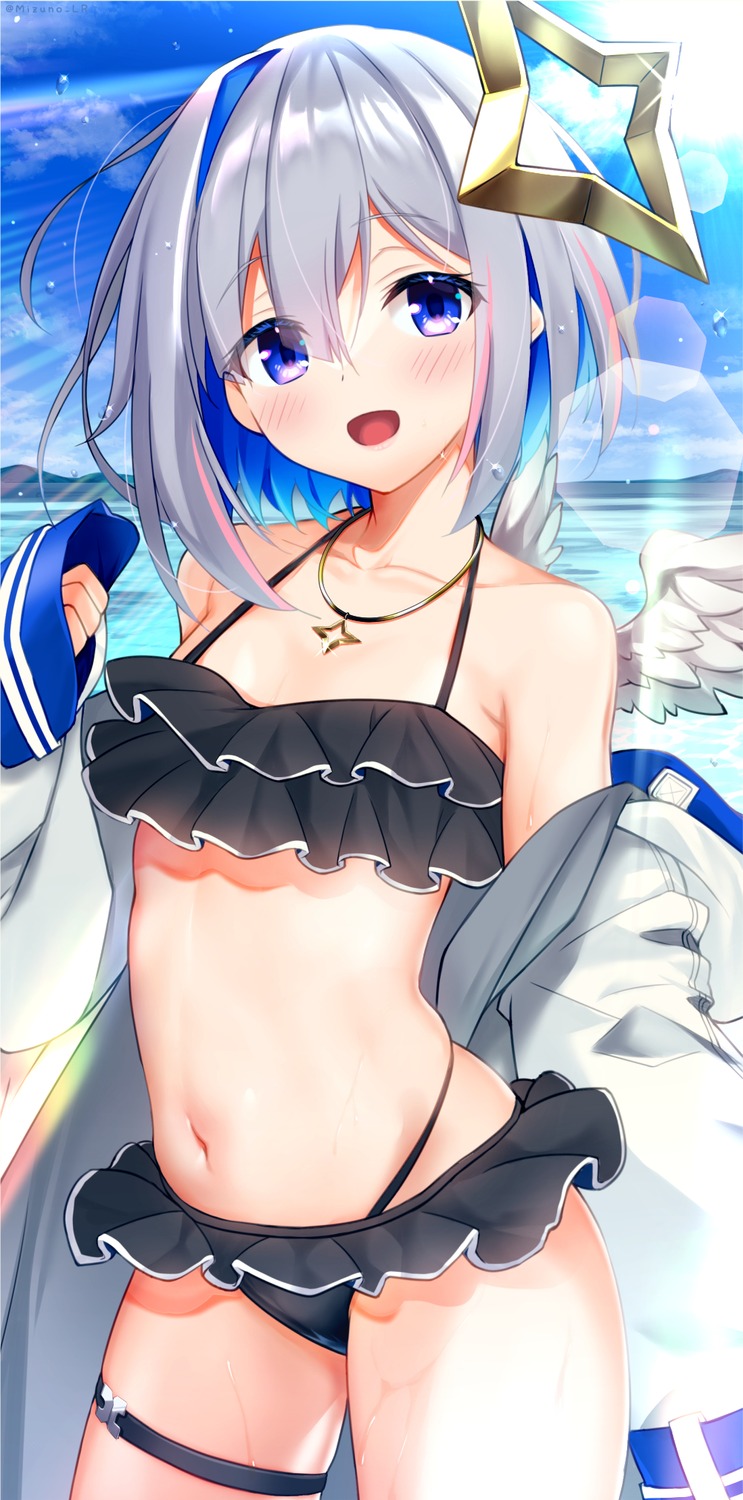 amane_kanata angel bikini garter hololive mizuno_kurage open_shirt swimsuits wet wings