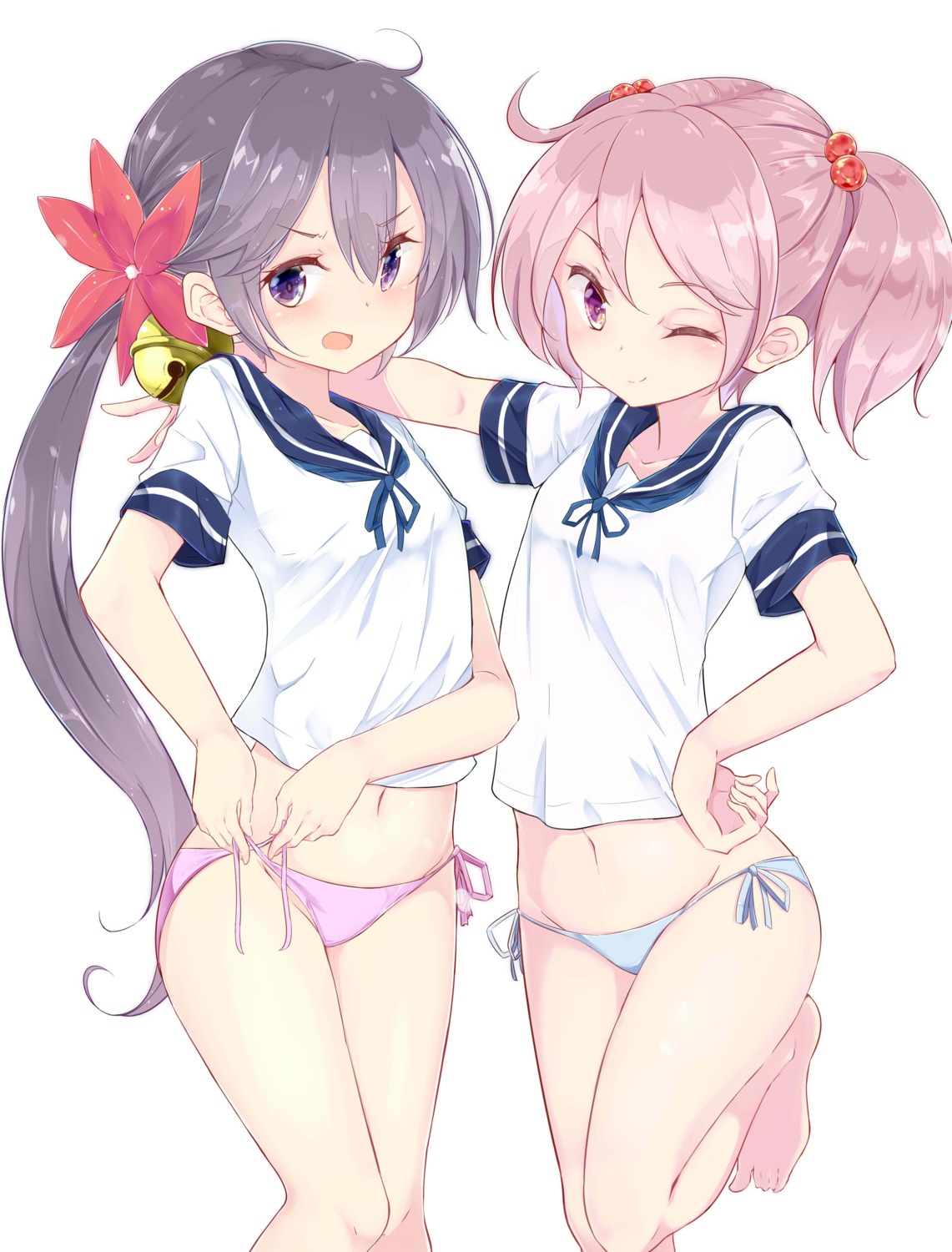 akebono_(kancolle) hamaken kantai_collection loli pantsu sazanami_(kancolle) seifuku string_panties undressing