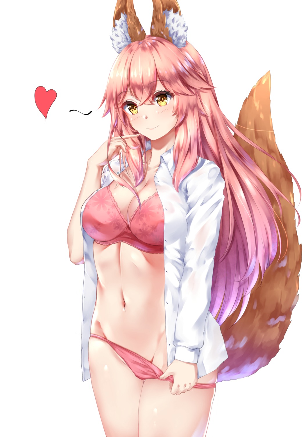 animal_ears bra chahei cleavage fate/grand_order kitsune open_shirt pantsu panty_pull tail tamamo_no_mae