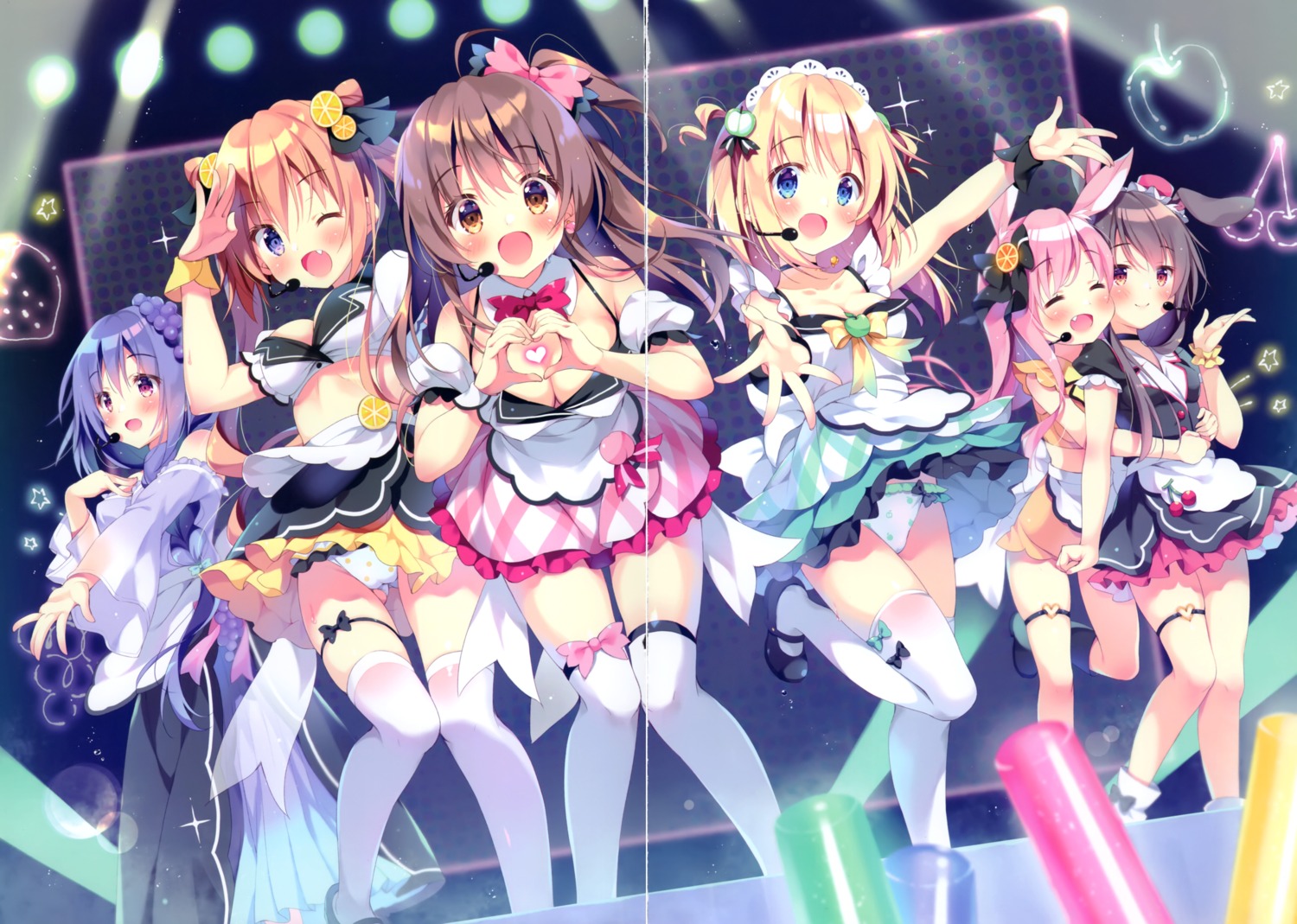 animal_ears bunny_ears cameltoe cocoa_(pan) dress garter haruka_(pan) pan pantsu skirt_lift ten_(pan) thighhighs tsukimi_(pan) uta_(pan) waitress yukimi_(pan)