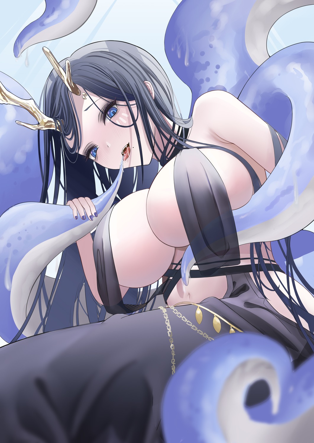 asayoru azur_lane golden_hind_(azur_lane) horns no_bra tentacles