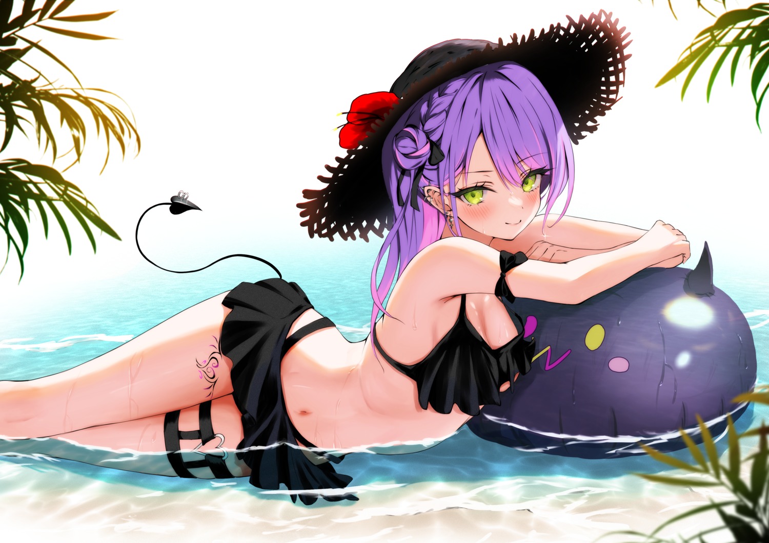 bikini garter hololive pointy_ears swimsuits tail tattoo tokoyami_towa totuoooo1015 wet