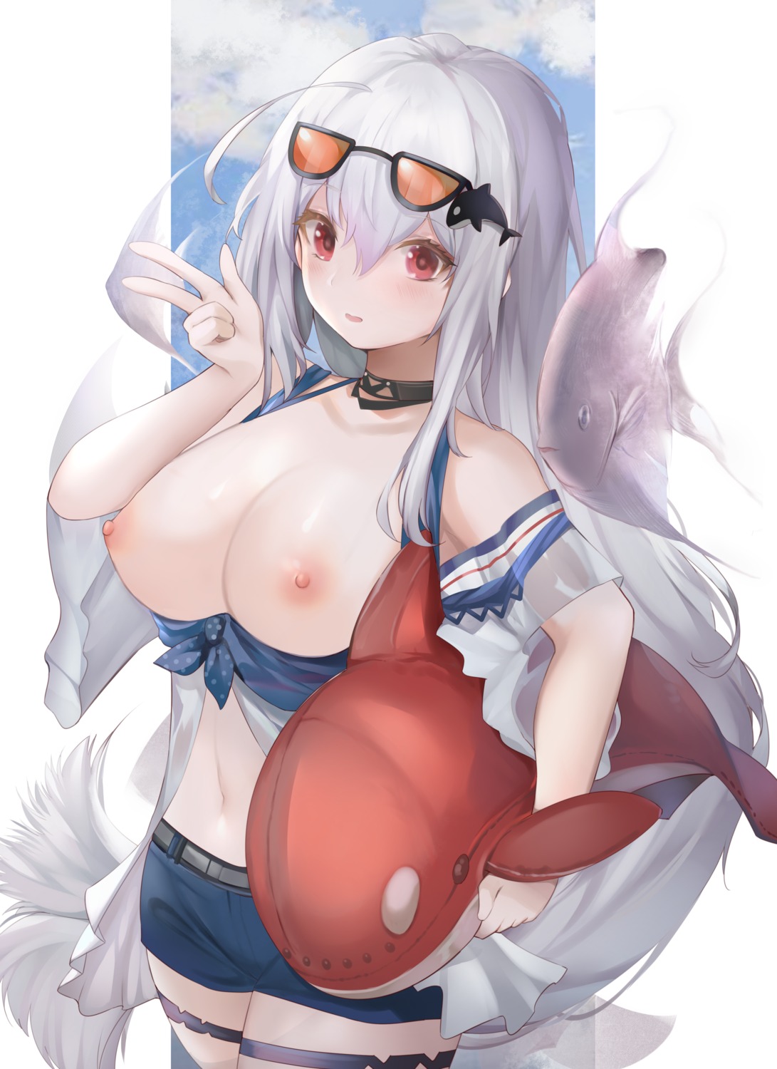 arknights breasts garter kananote megane nipples no_bra skadi_(arknights)