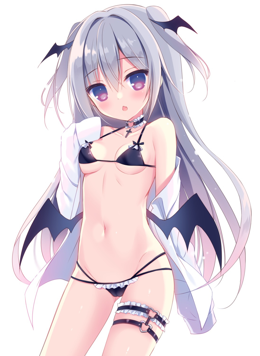 bikini cameltoe dress_shirt garter hasune loli open_shirt swimsuits wings