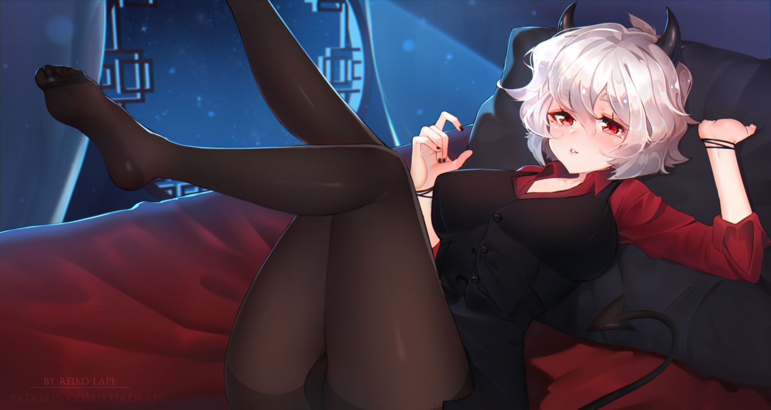 dress_shirt feet helltaker horns malina_(helltaker) pantsu pantyhose reiko_lape skirt_lift tail