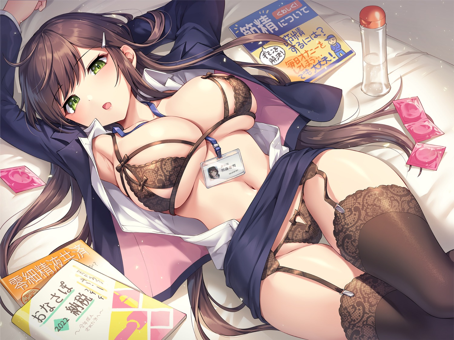 areola bra business_suit garter_belt gomashio_ponz lingerie open_shirt pantsu skirt_lift stockings thighhighs