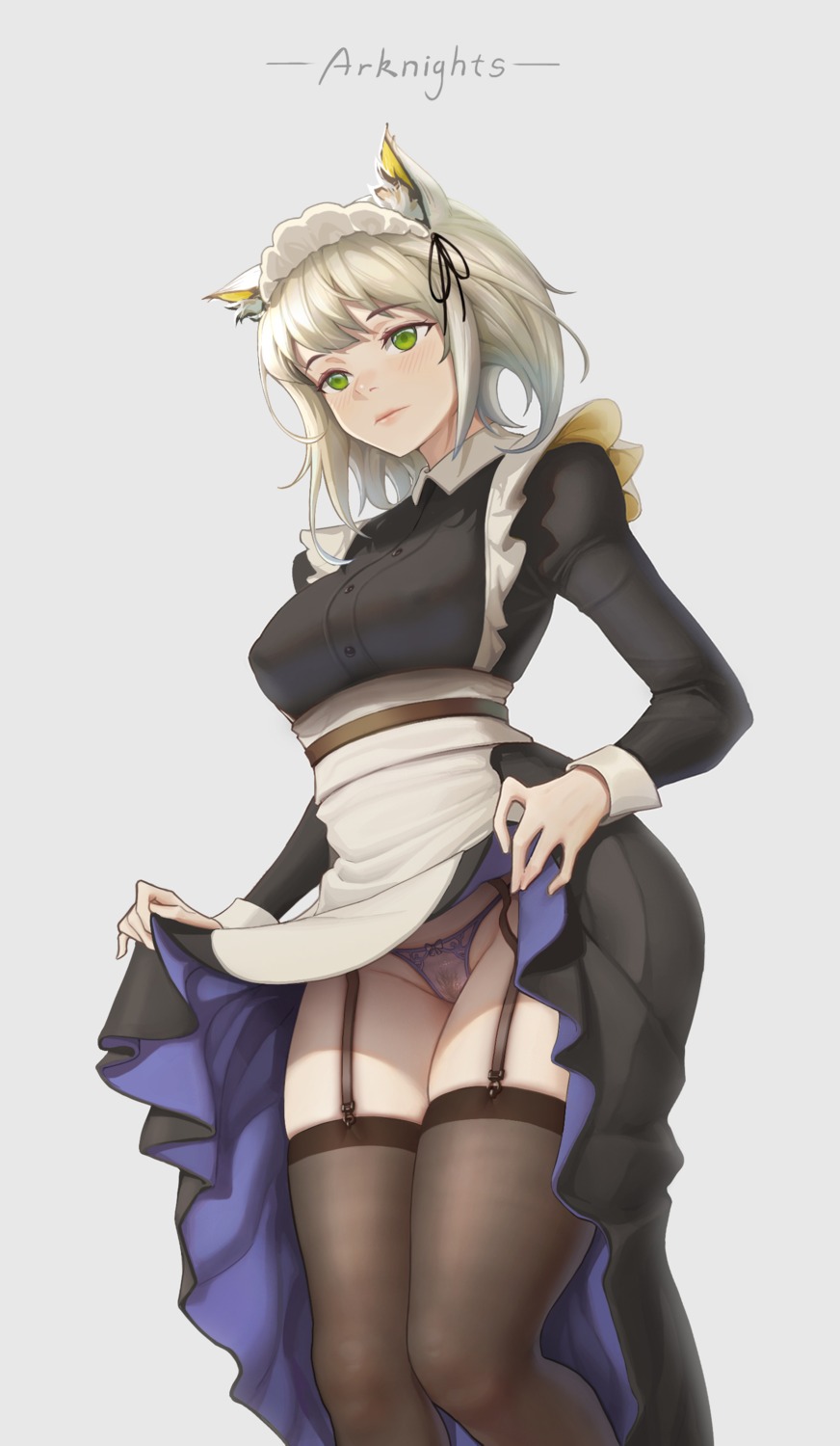 animal_ears arknights kal'tsit_(arknights) maid nekorange pantsu pubic_hair see_through skirt_lift stockings thighhighs