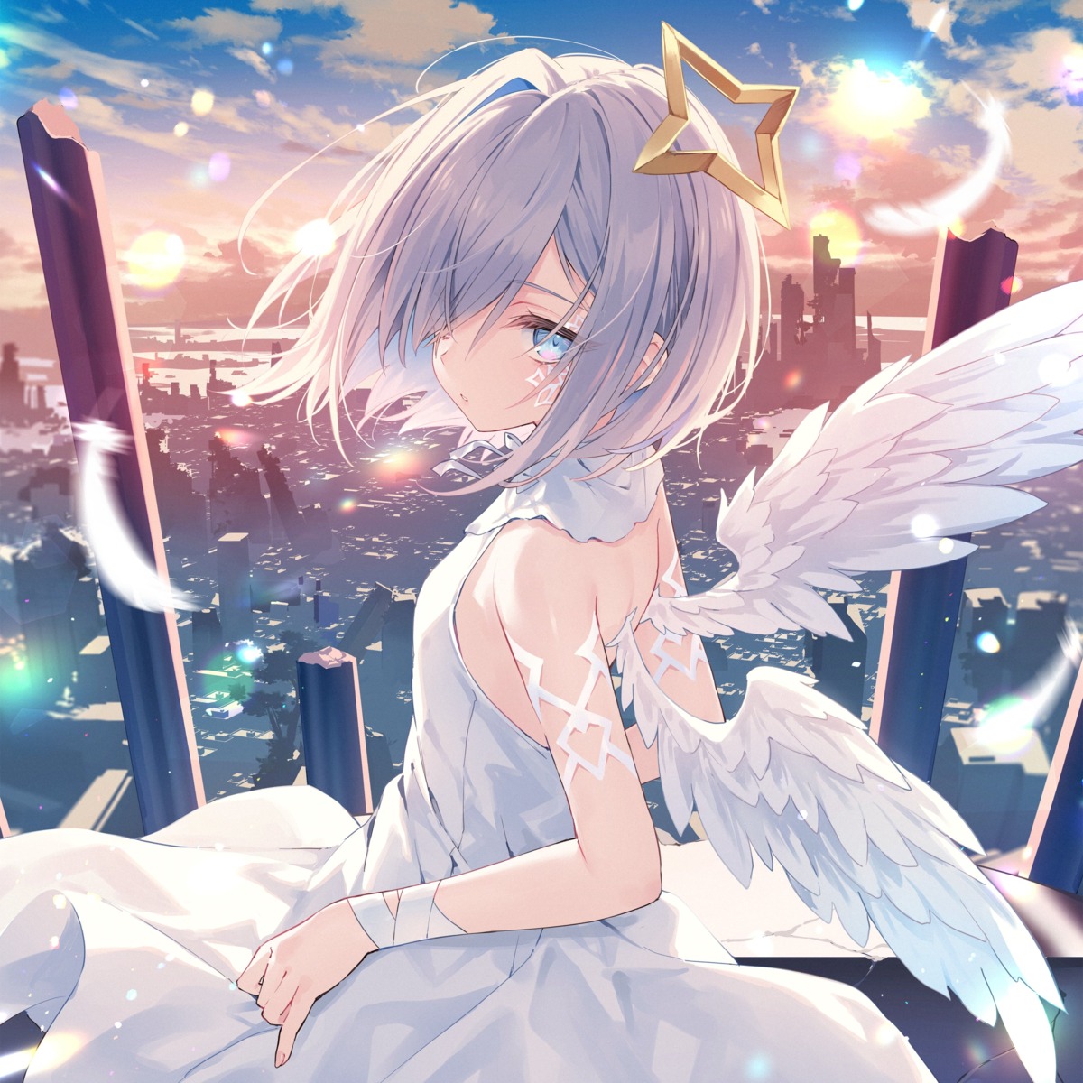 amane_kanata angel ashima dress hololive no_bra rurudo summer_dress tattoo wings