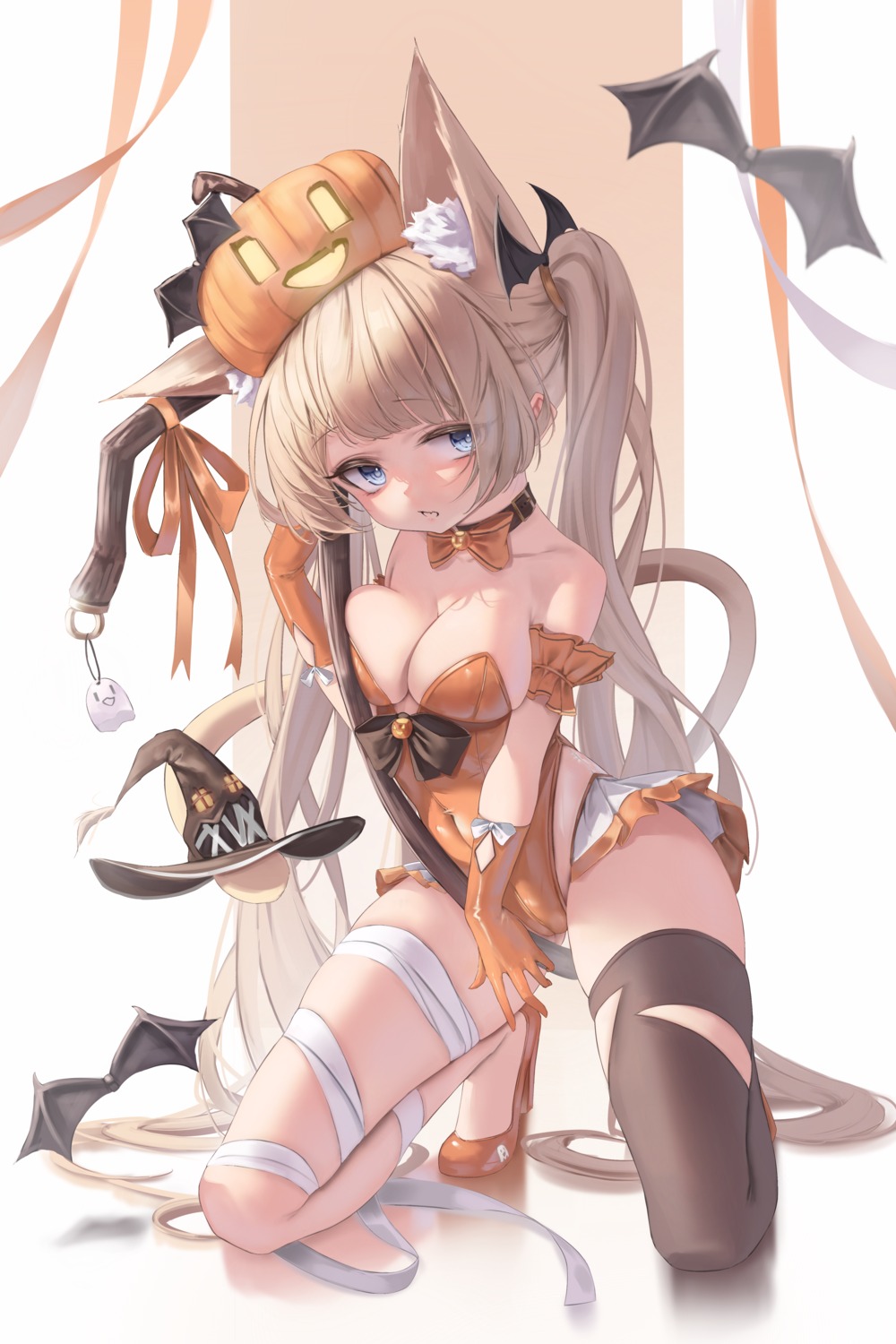 animal_ears bandages halloween heels hong_(vsak3373) leotard no_bra tail thighhighs torn_clothes