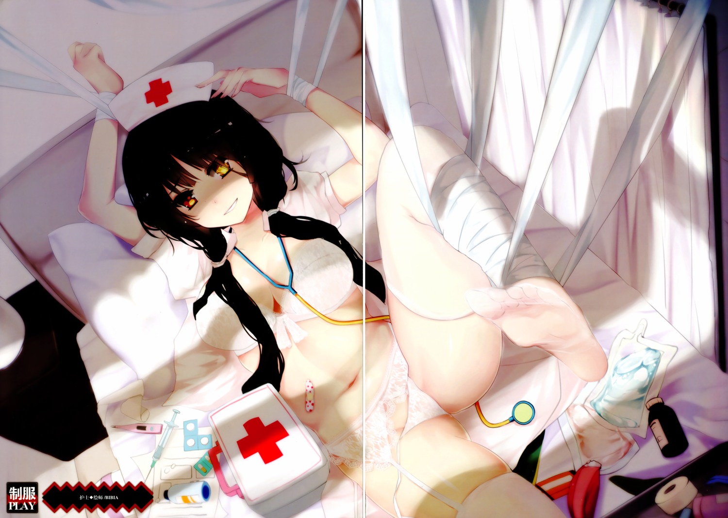 bandages bba1985 bondage bra cleavage color_issue crease date_a_live fixme garter_belt heterochromia nurse pantsu stockings string_panties thighhighs tokisaki_kurumi