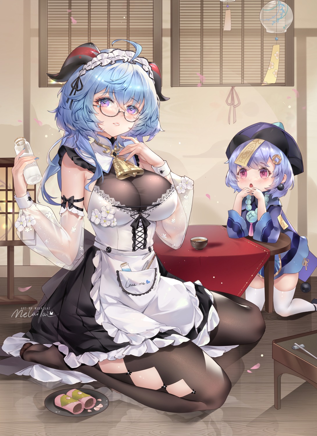 cleavage ganyu genshin_impact horns loli maid megane melailai no_bra pantyhose qiqi see_through thighhighs