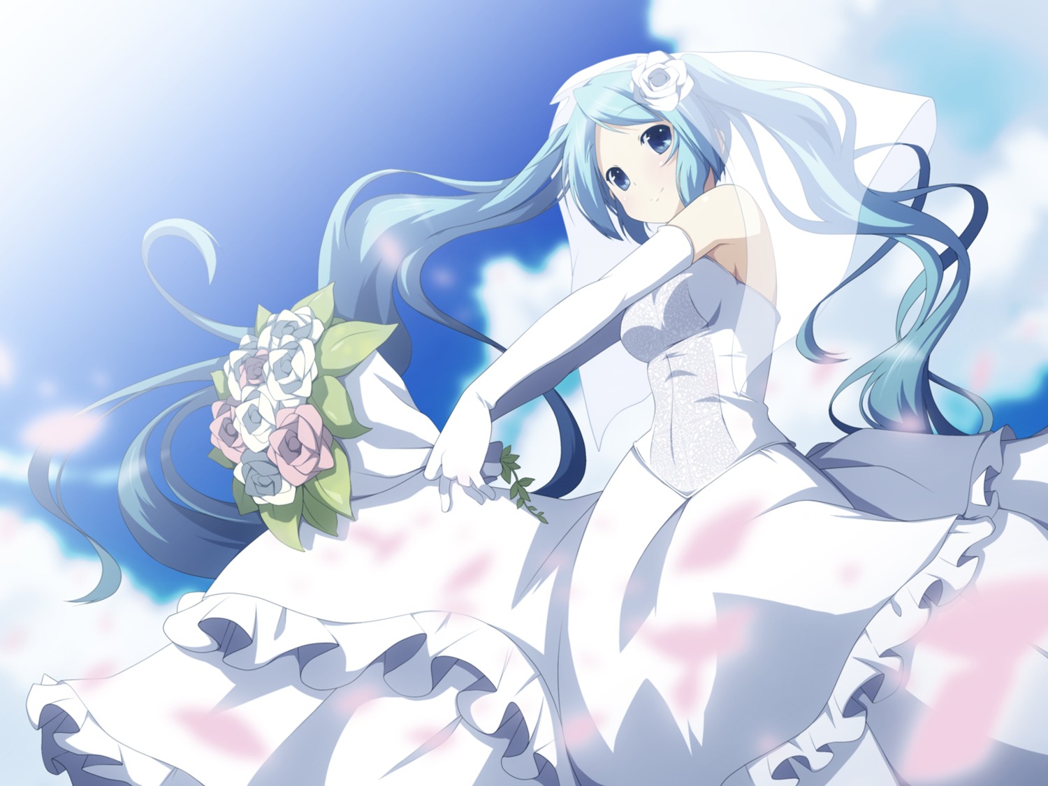 dress hatsune_miku vocaloid wallpaper wedding_dress yukizuki_kei_(yossa)