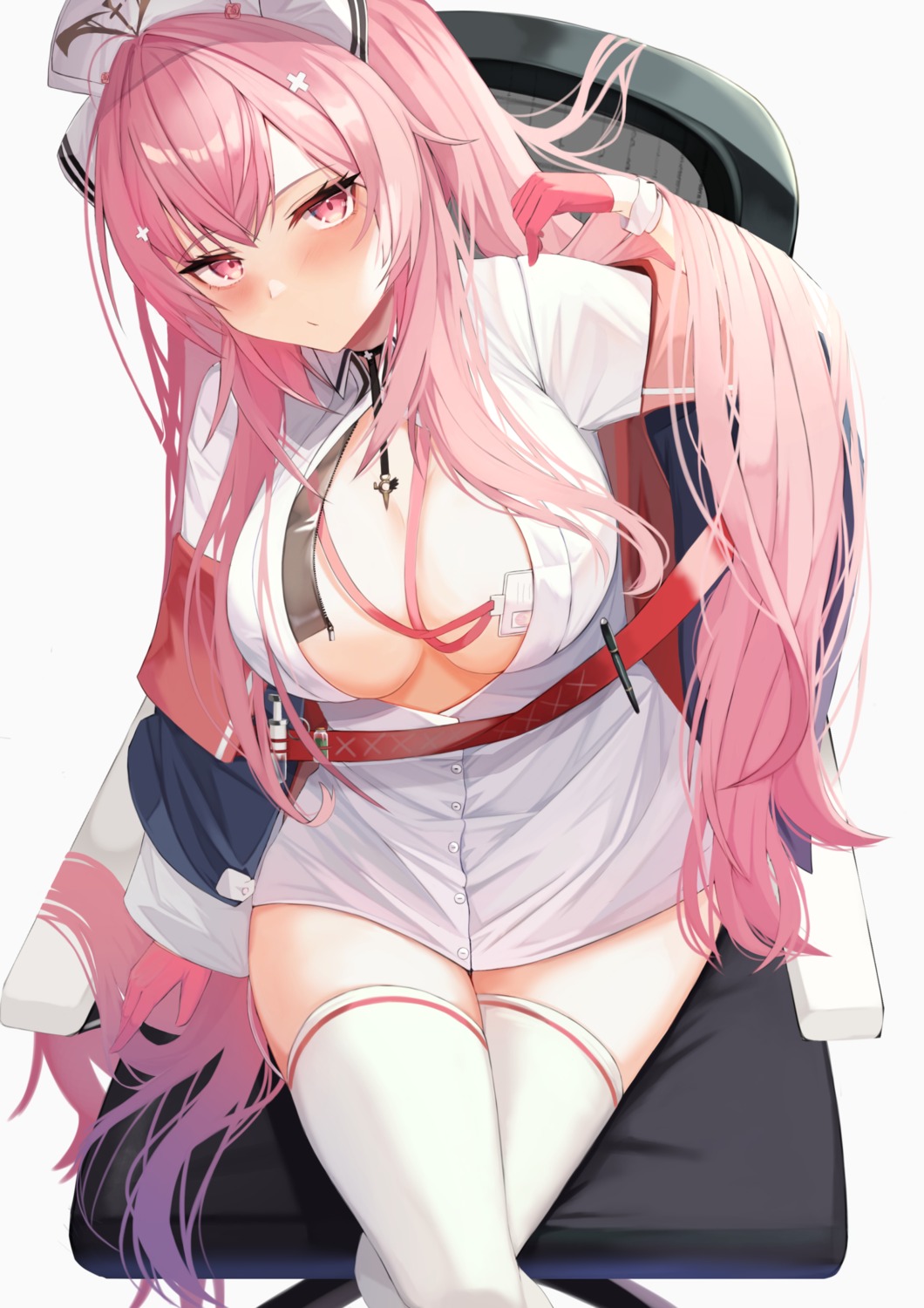 azur_lane kazuha_(saku_kn) no_bra nurse open_shirt perseus_(azur_lane) thighhighs