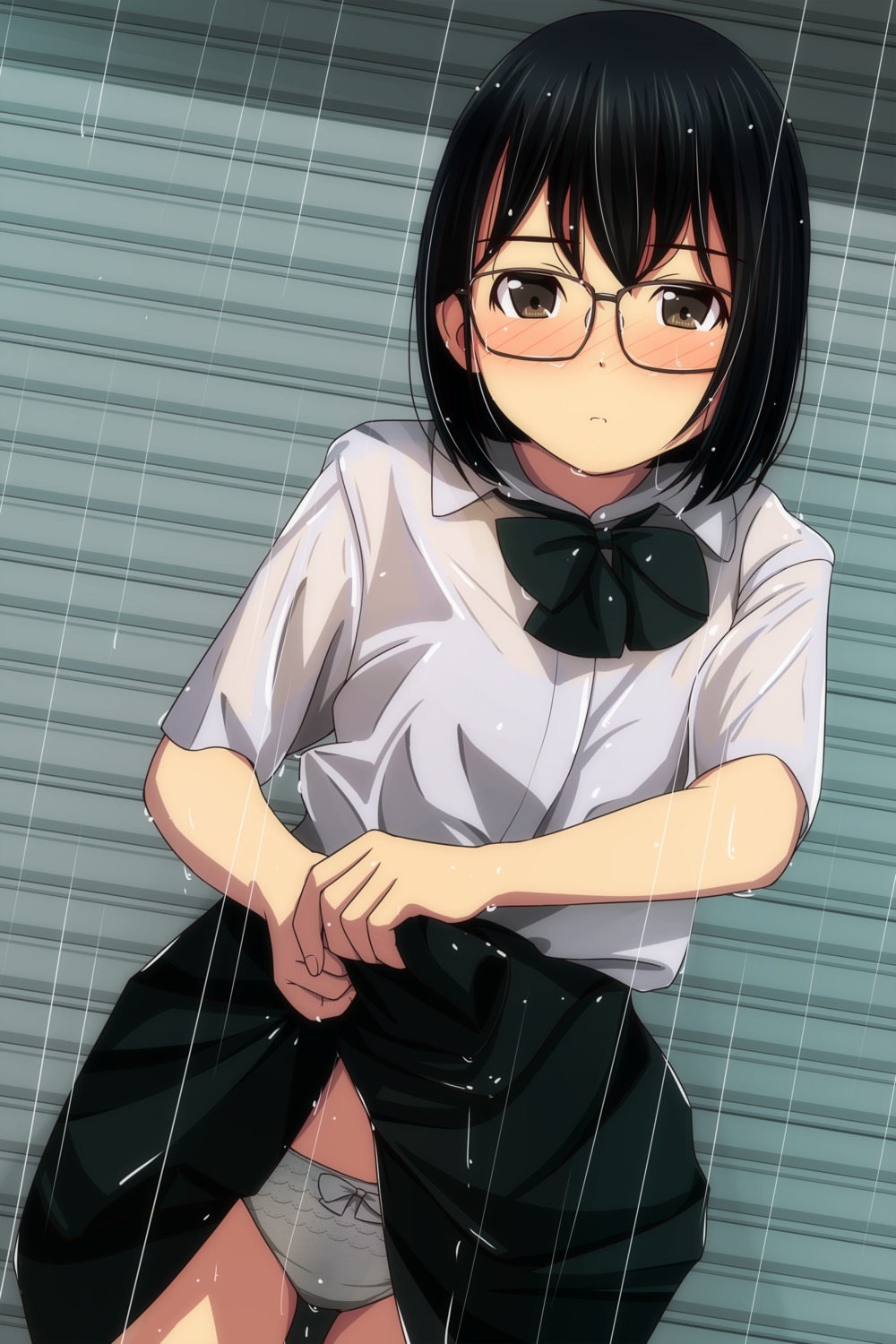 bra matsunaga_kouyou megane pantsu see_through seifuku skirt_lift wet wet_clothes