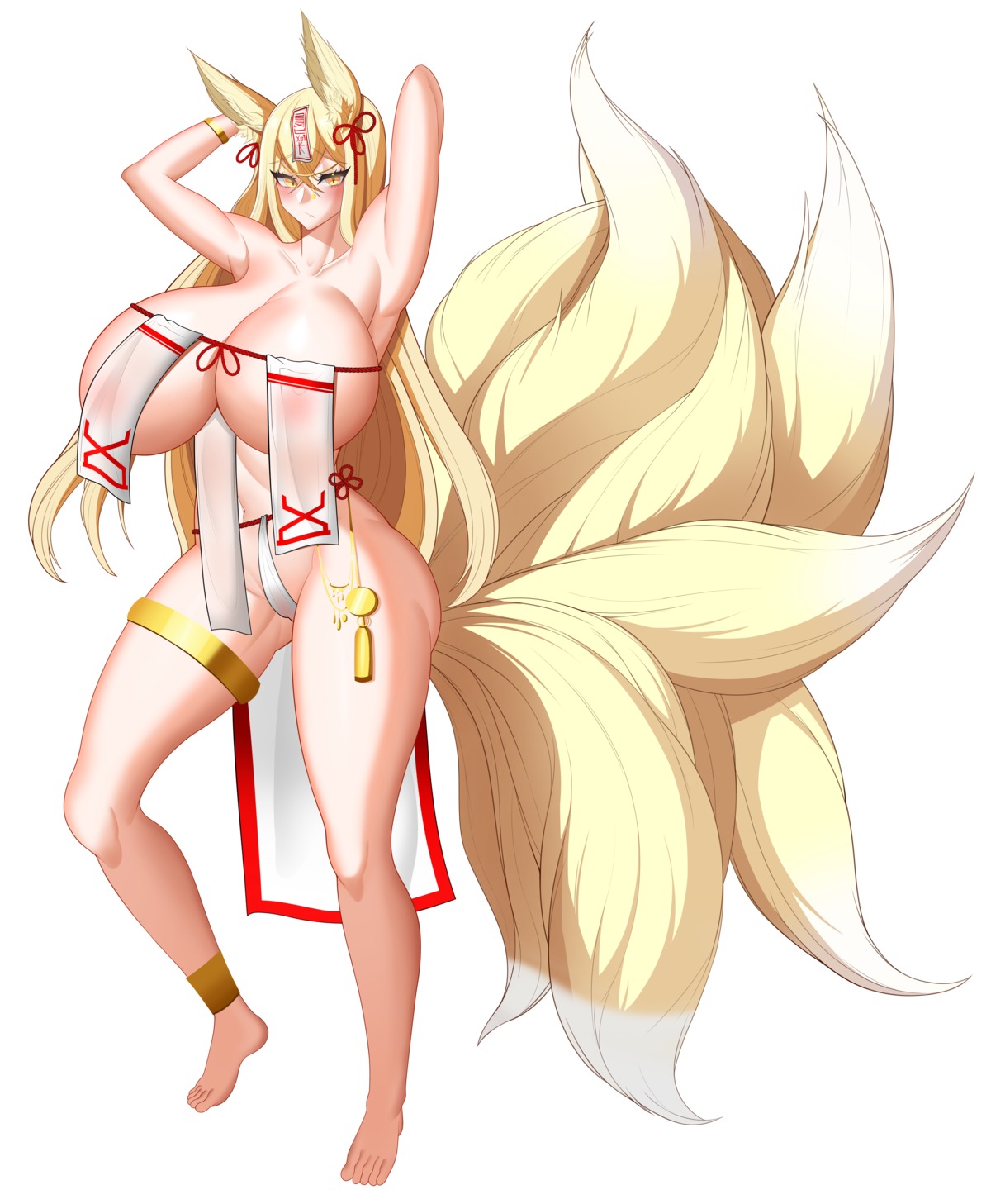 animal_ears fundoshi garter heavenly_hirume kitsune last_origin nikurabbit nipples no_bra see_through tail thong