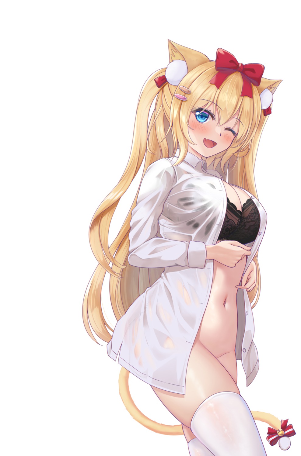 animal_ears bottomless bra dress_shirt nekomimi open_shirt see_through shenqi_(toid310) tail thighhighs wet_clothes