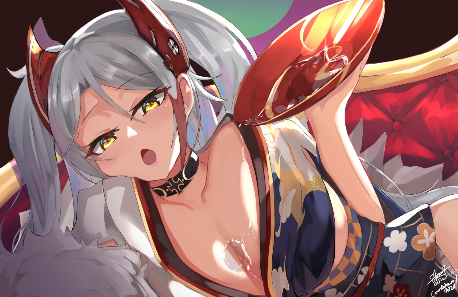 azur_lane cleavage japanese_clothes no_bra open_shirt prinz_eugen_(azur_lane) skai_kun wet