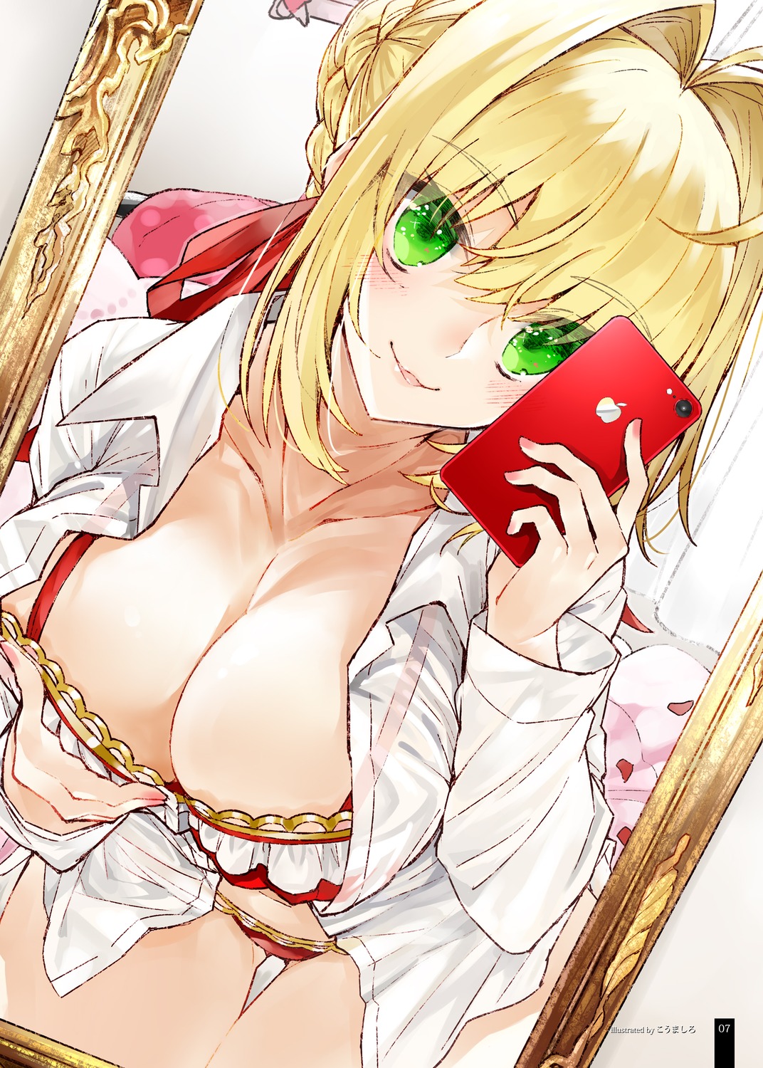 bra dress_shirt fate/grand_order kou_mashiro open_shirt pantsu saber_extra see_through selfie