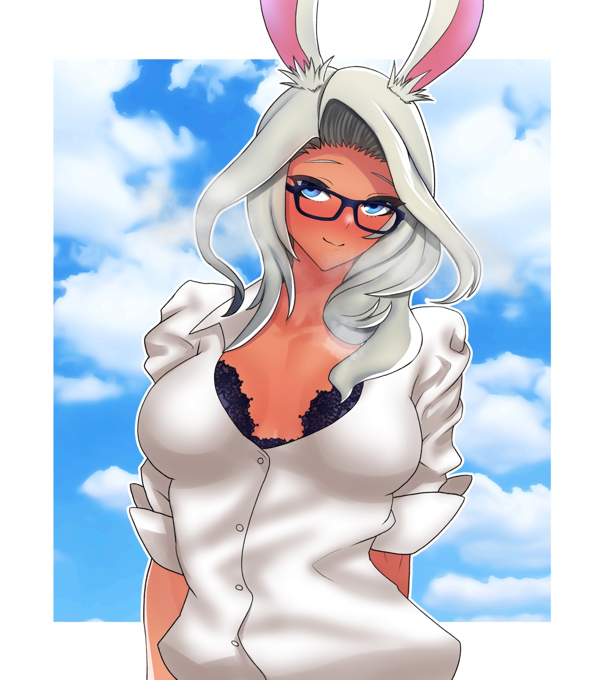 animal_ears bra bunny_ears dress_shirt megane open_shirt seisuibar