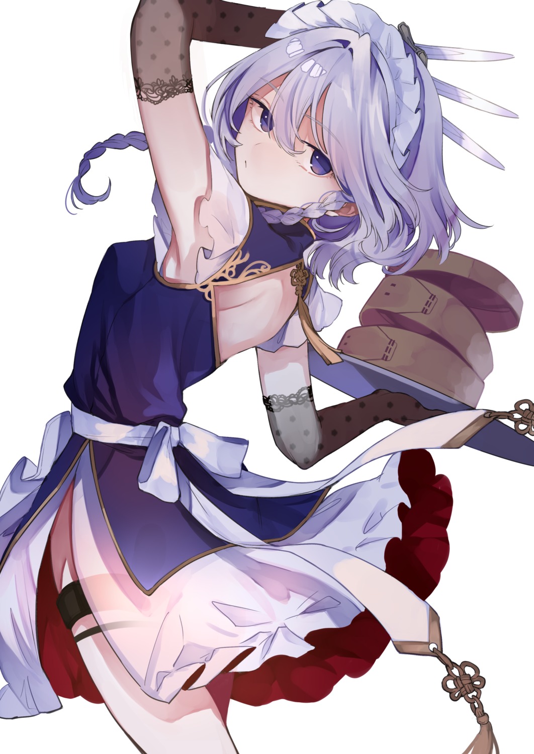 asian_clothes garter izayoi_sakuya maid no_bra risui see_through skirt_lift touhou weapon