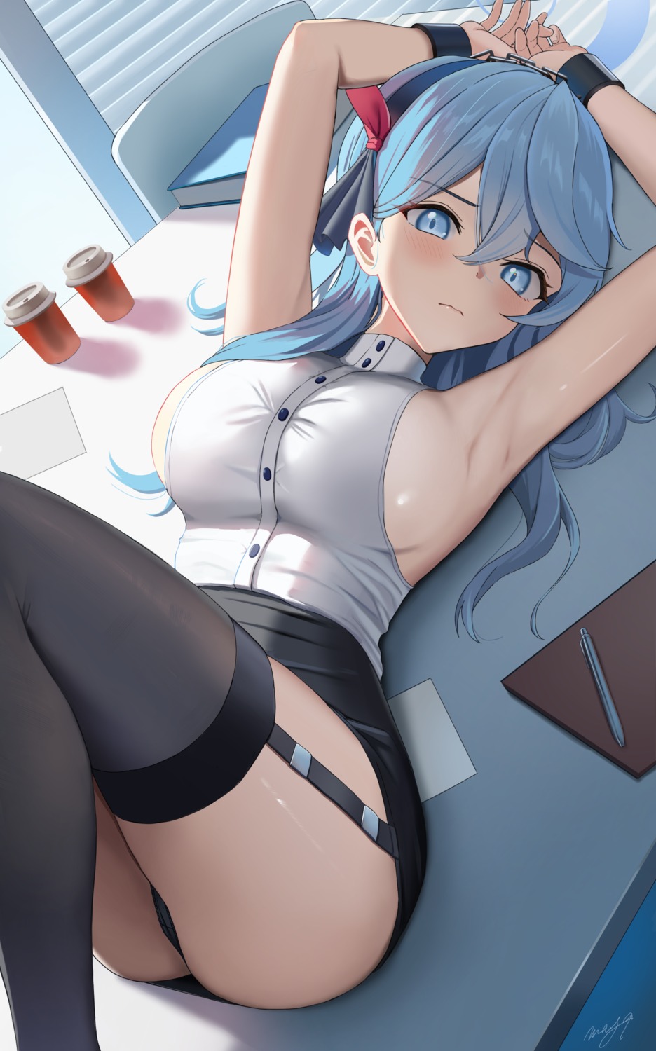 amau_ako blue_archive bondage halo may9 no_bra pantsu skirt_lift stockings thighhighs thong uniform