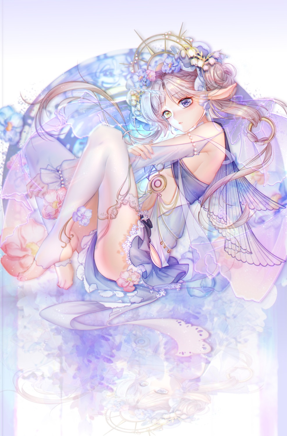 animal_ears dress erect_nipples feet heterochromia horns irisrey see_through skirt_lift thighhighs underboob