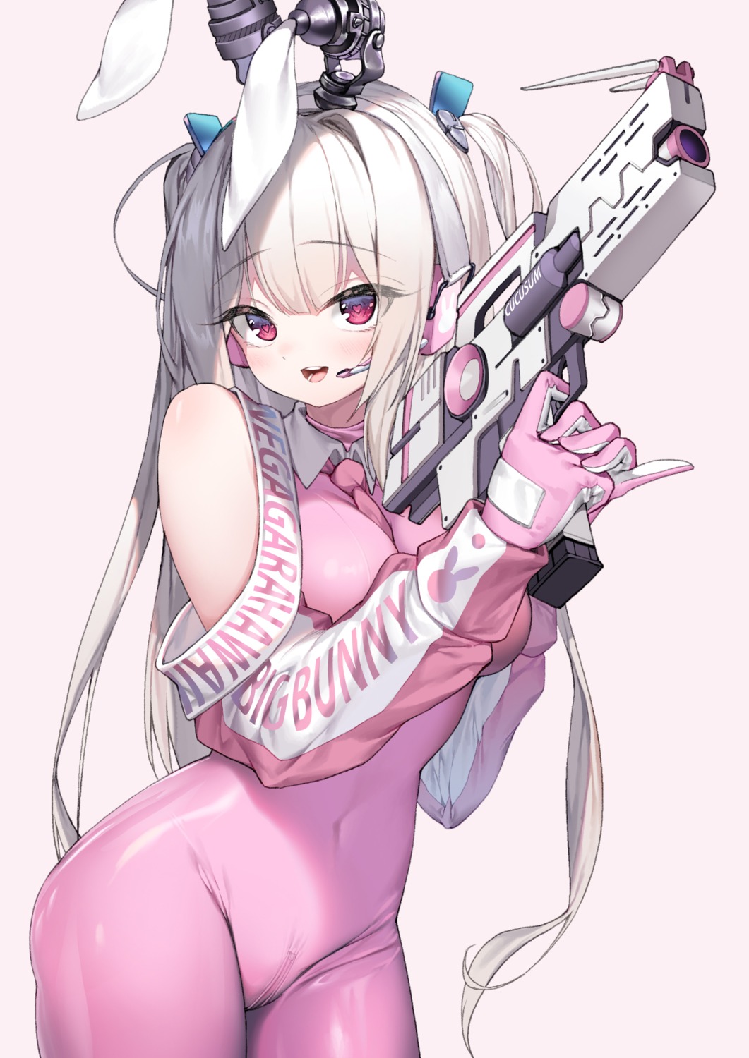 animal_ears bodysuit bunny_ears bunny_girl dduck_kong gun headphones