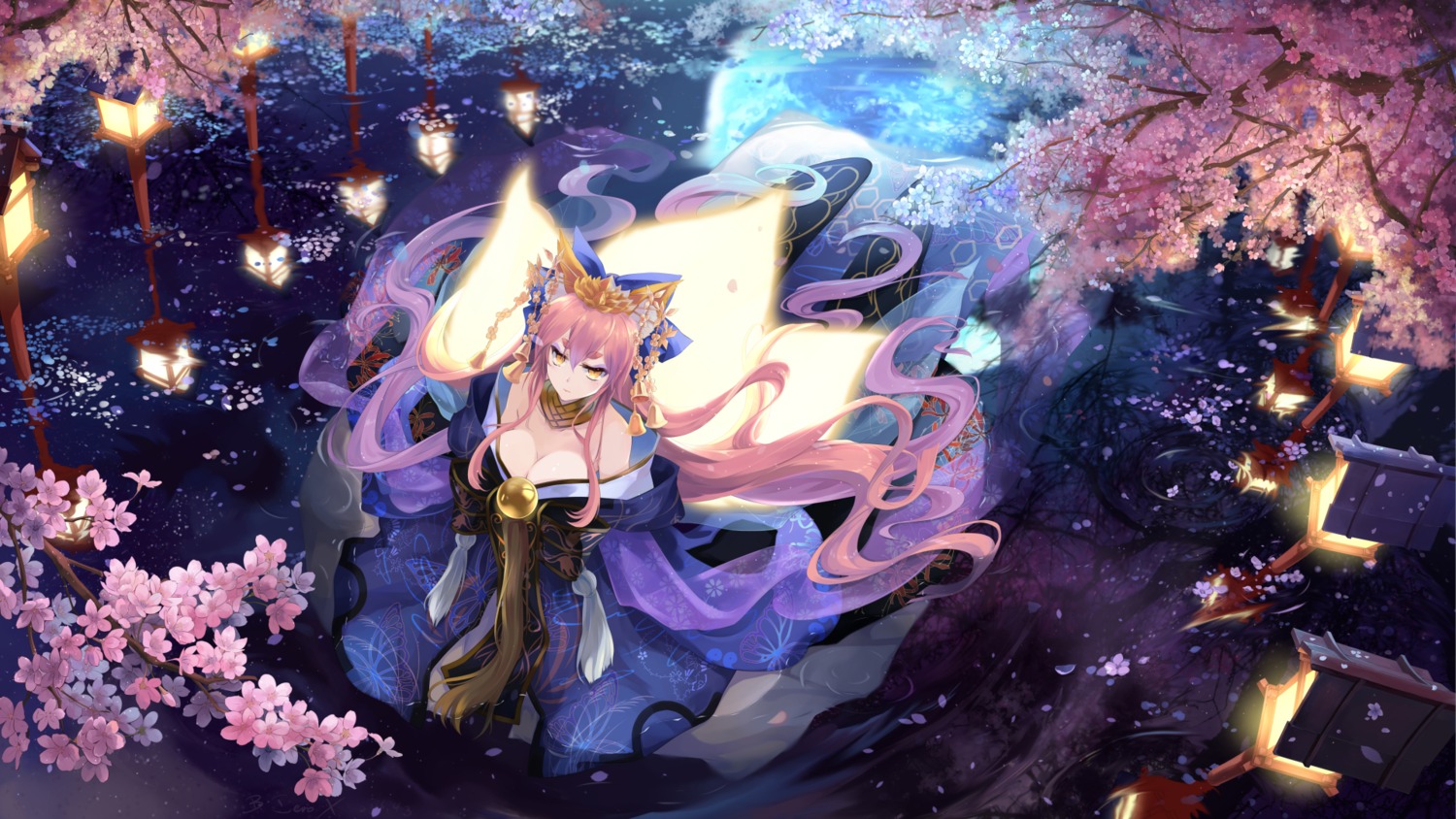 animal_ears bzerox cleavage fate/extra fate/stay_night japanese_clothes kitsune tail tamamo_no_mae wallpaper