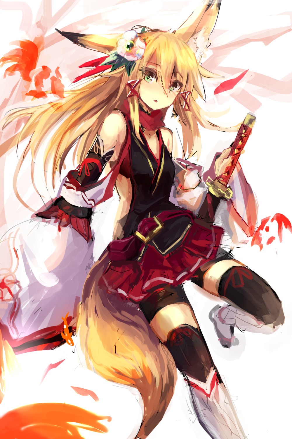 animal_ears bike_shorts haik kitsune kokonoe_tsubaki sword tail thighhighs