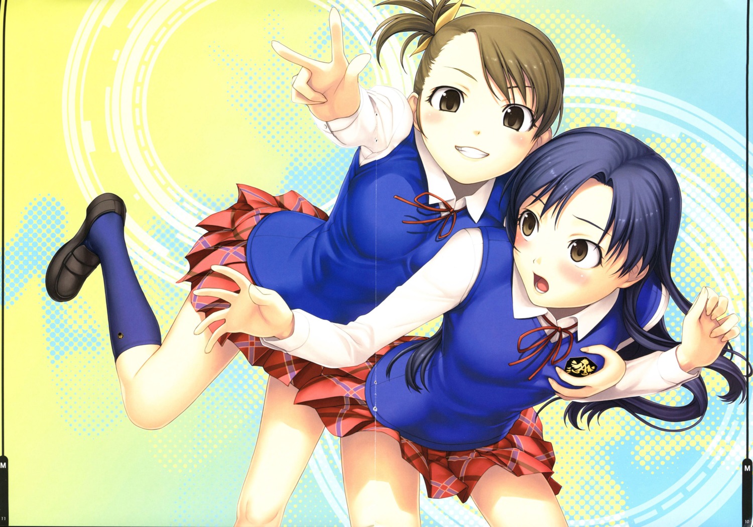 breast_grab crease fomalhaut futami_ami kisaragi_chihaya seifuku sweater tanaka_shoutarou the_idolm@ster yuri