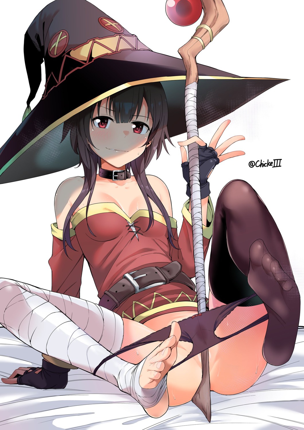 bandages chicke_iii dress feet kono_subarashii_sekai_ni_shukufuku_wo! megumin no_bra pantsu panty_pull signed skirt_lift thighhighs weapon witch