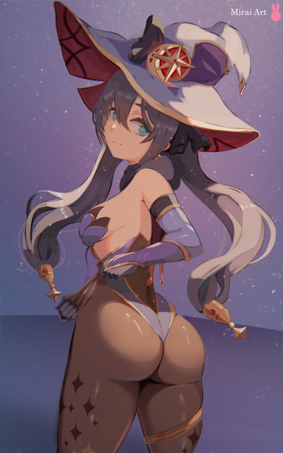 ass garter genshin_impact leotard miraihikariart mona_megistus no_bra pantyhose witch