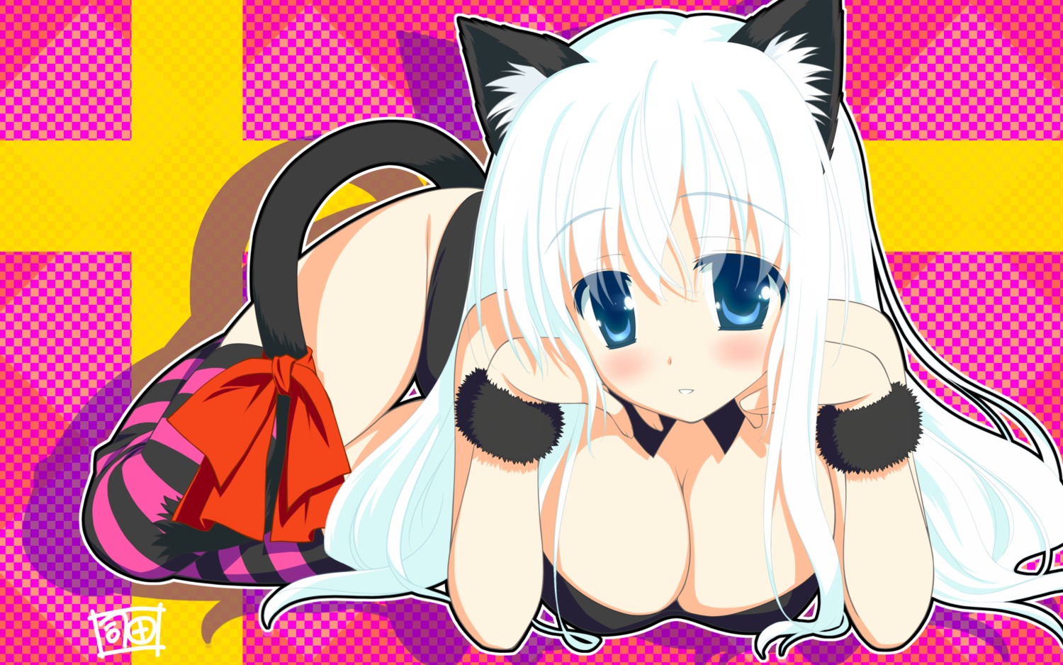 animal_ears cleavage favorite flolium_blosselliand nekomimi shida_kazuhiro tail thighhighs wallpaper wiz_anniversary