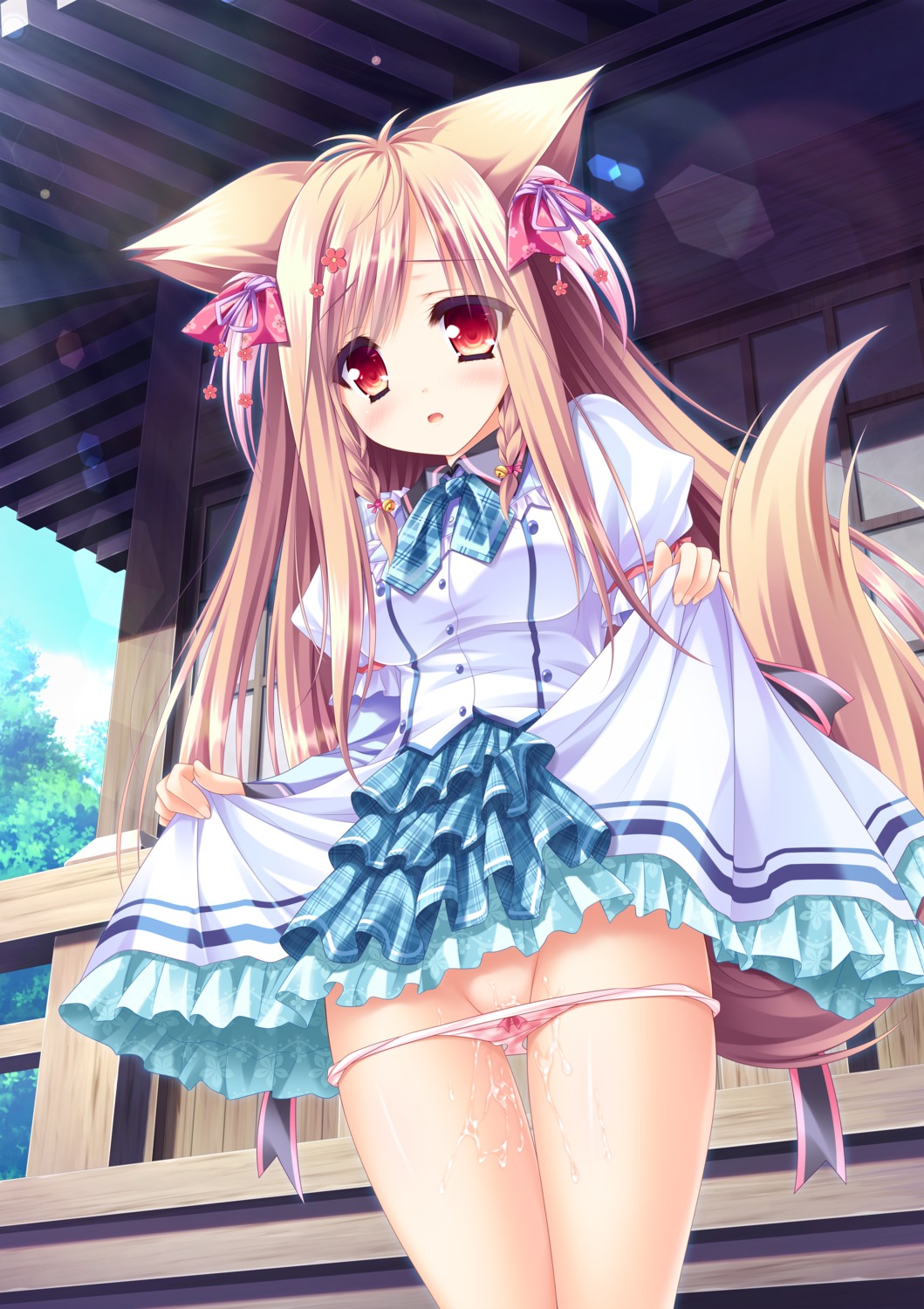 animal_ears kitsune lump_of_sugar mito_kohaku moekibara_fumitake pantsu panty_pull pussy_juice seifuku skirt_lift tail tayutama tayutama_2