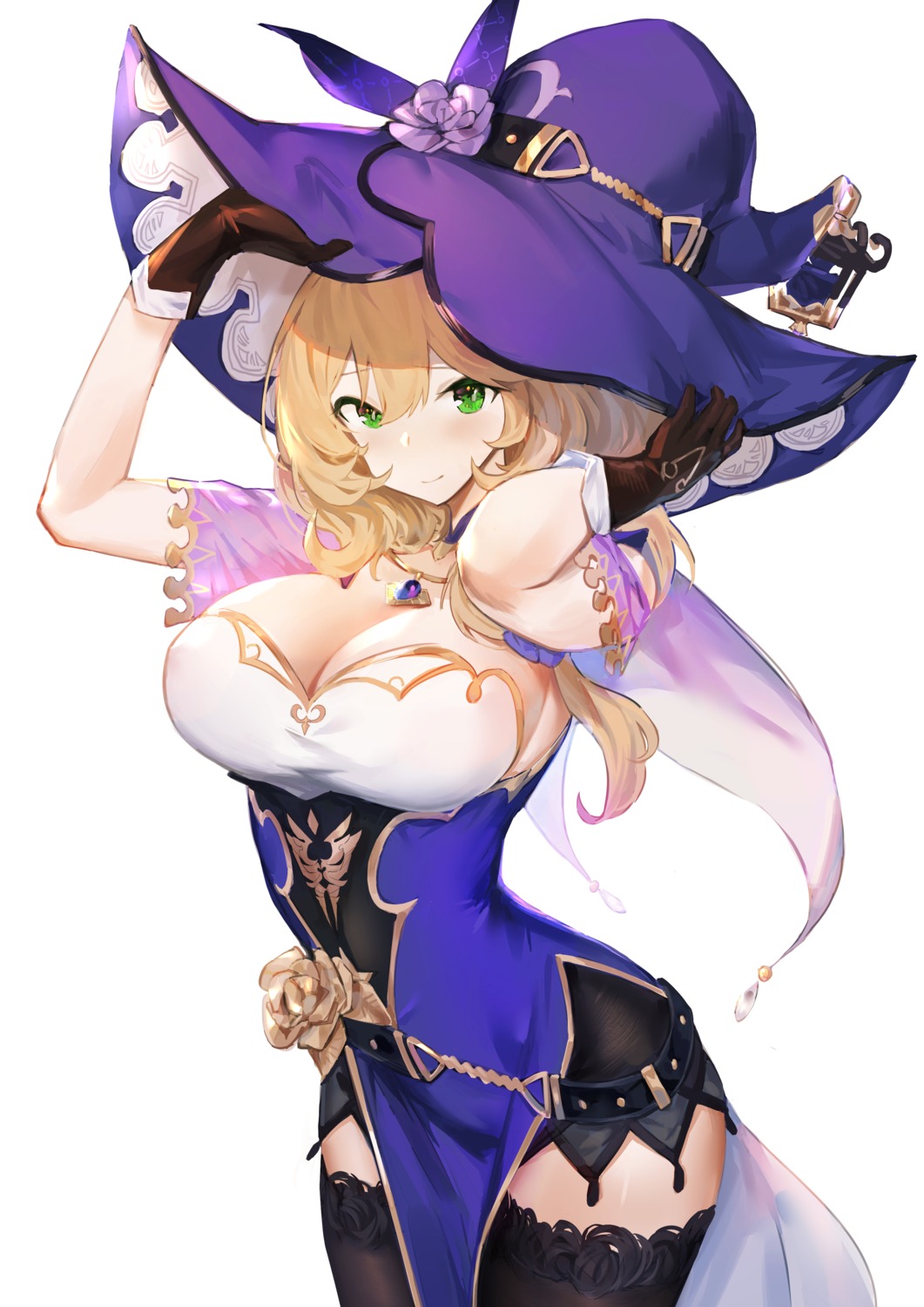 cleavage dress echomlete genshin_impact lisa_(genshin_impact) no_bra thighhighs witch