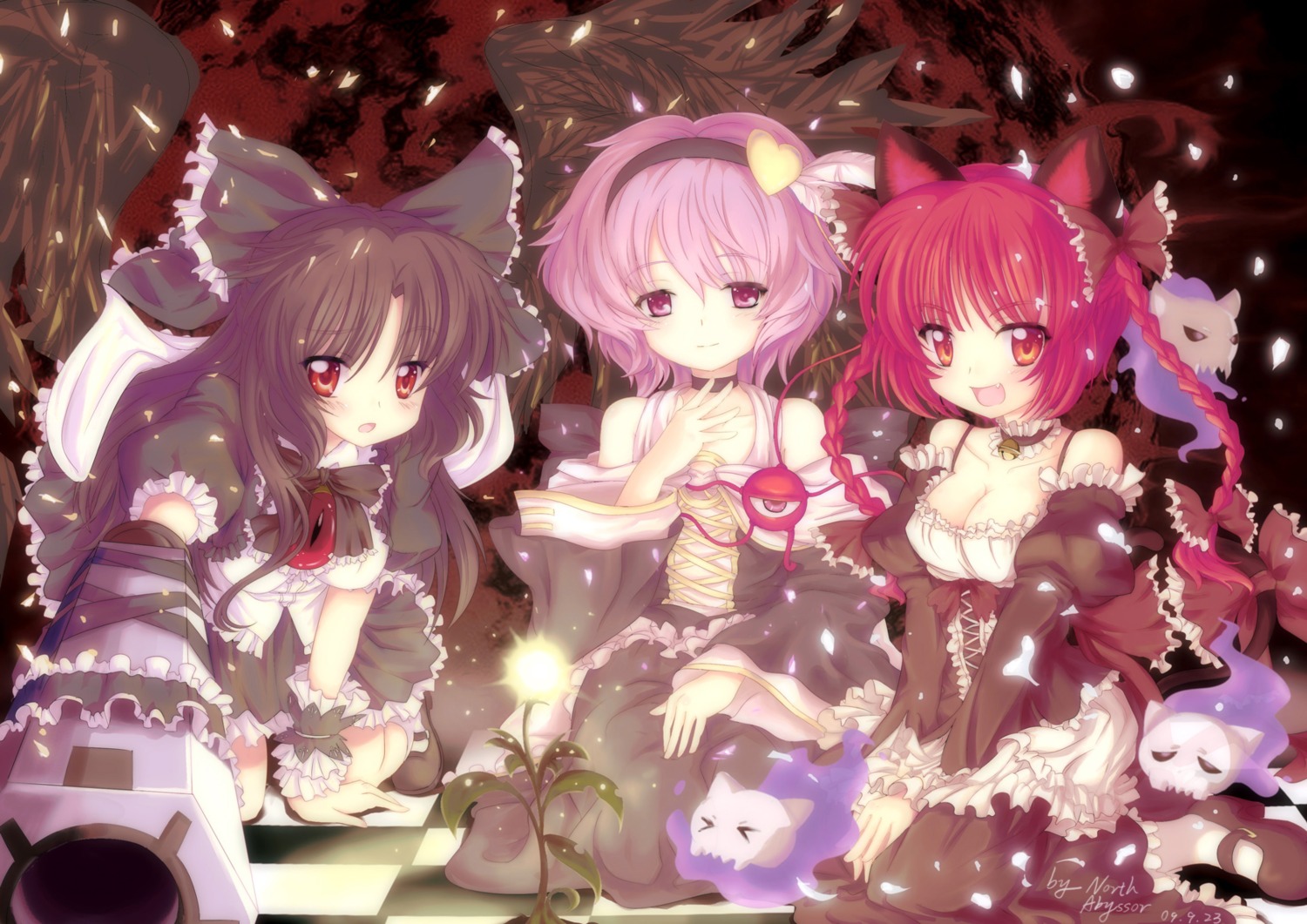 abyss_of_parliament animal_ears cleavage dress kaenbyou_rin komeiji_satori nekomimi reiuji_utsuho touhou