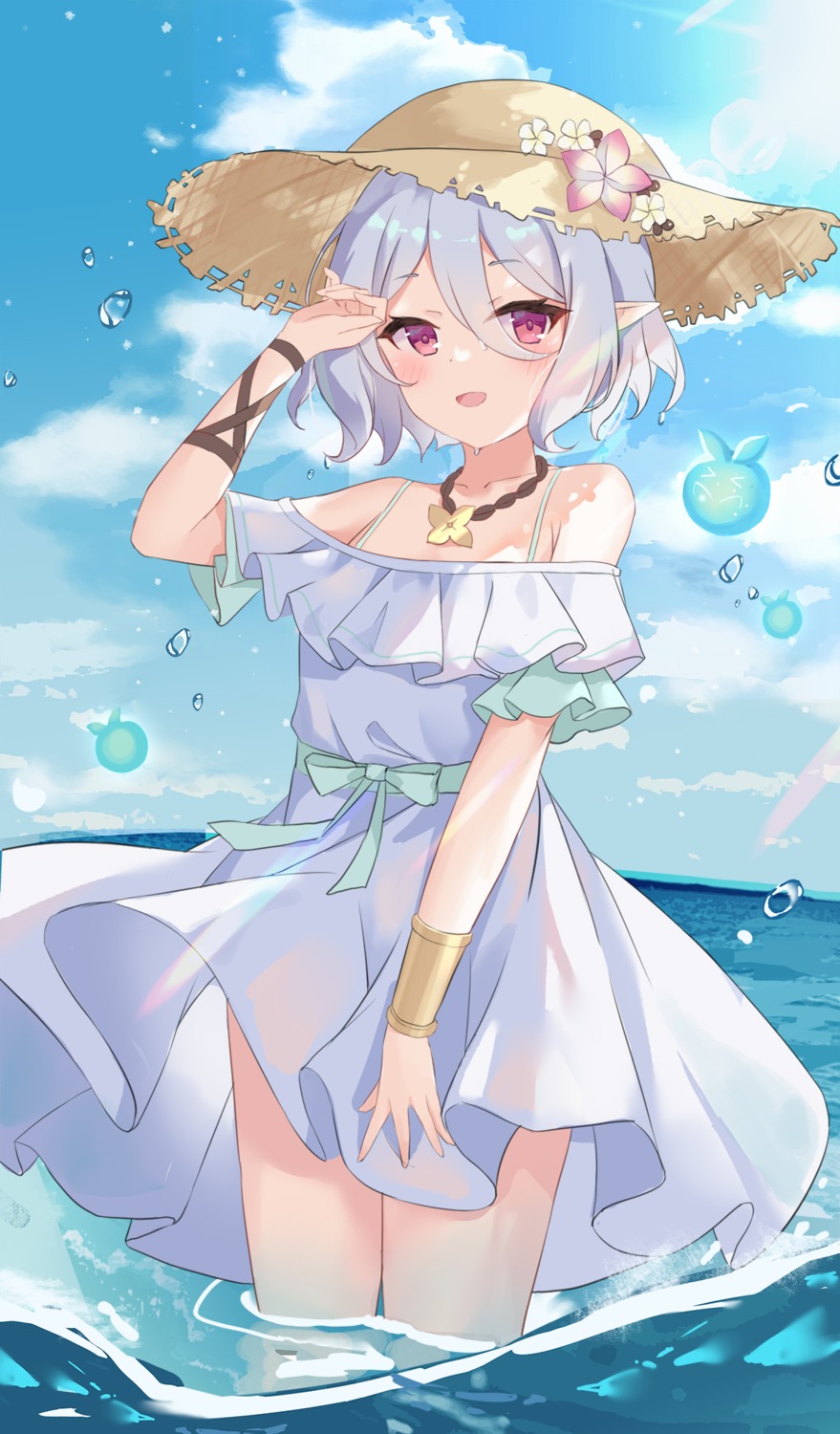 dress kokkoro pointy_ears princess_connect princess_connect!_re:dive see_through serika skirt_lift summer_dress wet