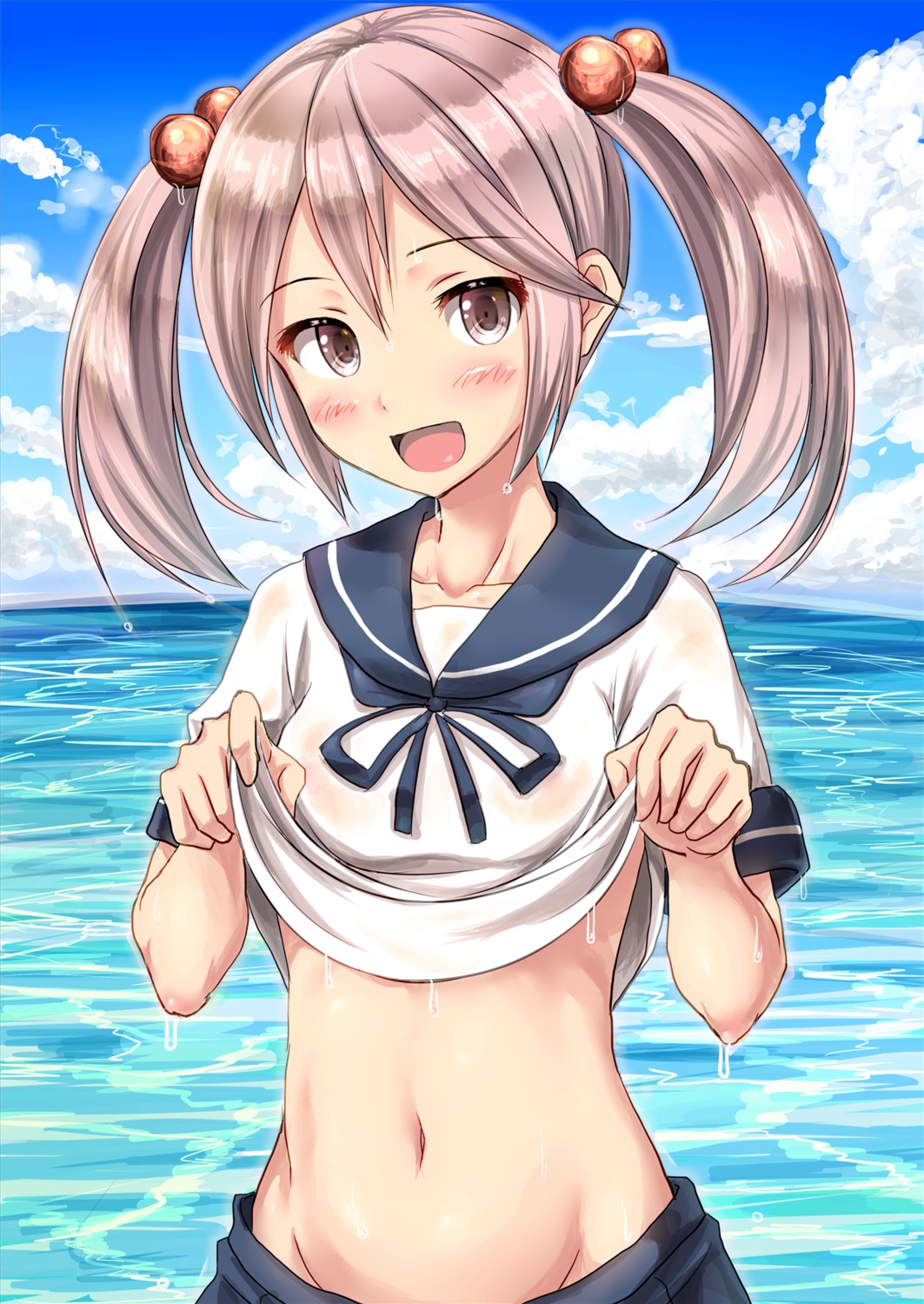 ichikawa_feesu kantai_collection sazanami_(kancolle) see_through shirt_lift wet_clothes